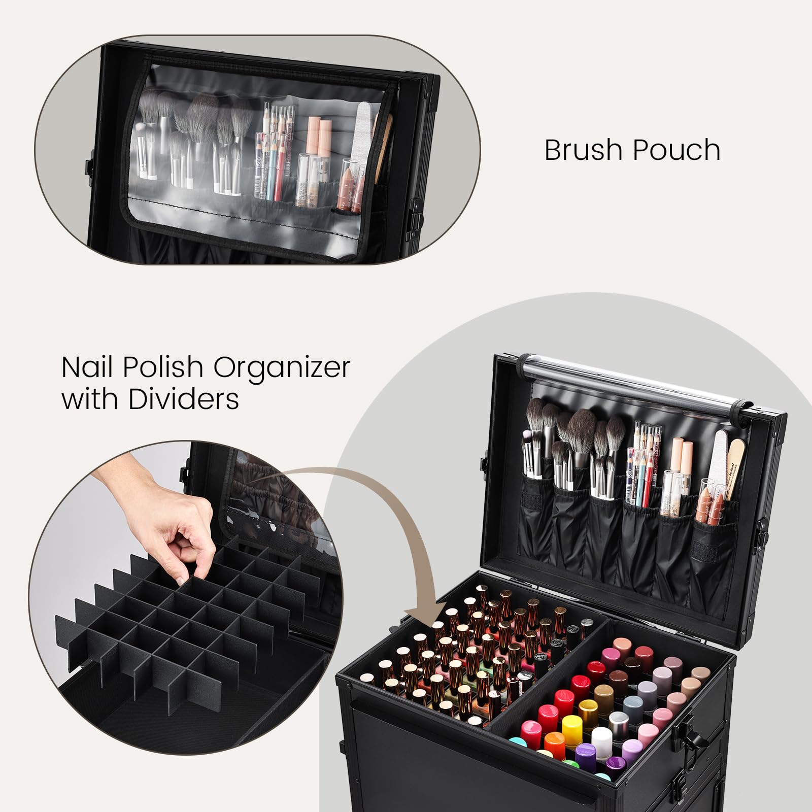 Joligrace 5-Drawer Rolling Manicure Table - Foldable Mobile Nail Desk with Wheels & Brush Pouch - Professional Cosmetology Case for Makeup Artists & Technicians - Perfect for Salon Workstations, Home Beauty Studios & Mobile Services - Black