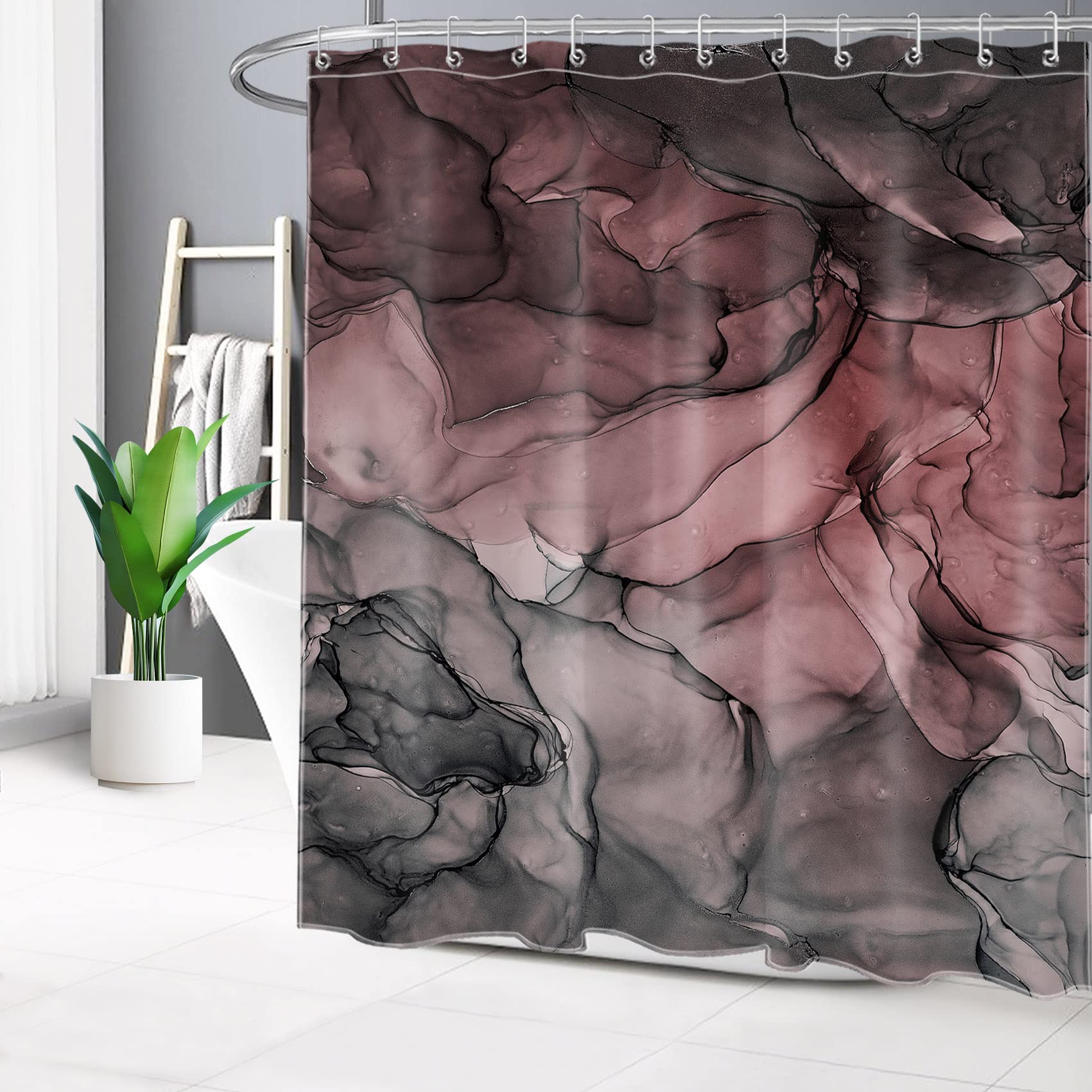 LB Abstract Marble Shower Curtain - Pink & Black Modern Bathroom Decor (72x72 Inch) | Waterproof Polyester Fabric with Hooks Included | Perfect for Contemporary Bathrooms & Spa-Like Showers