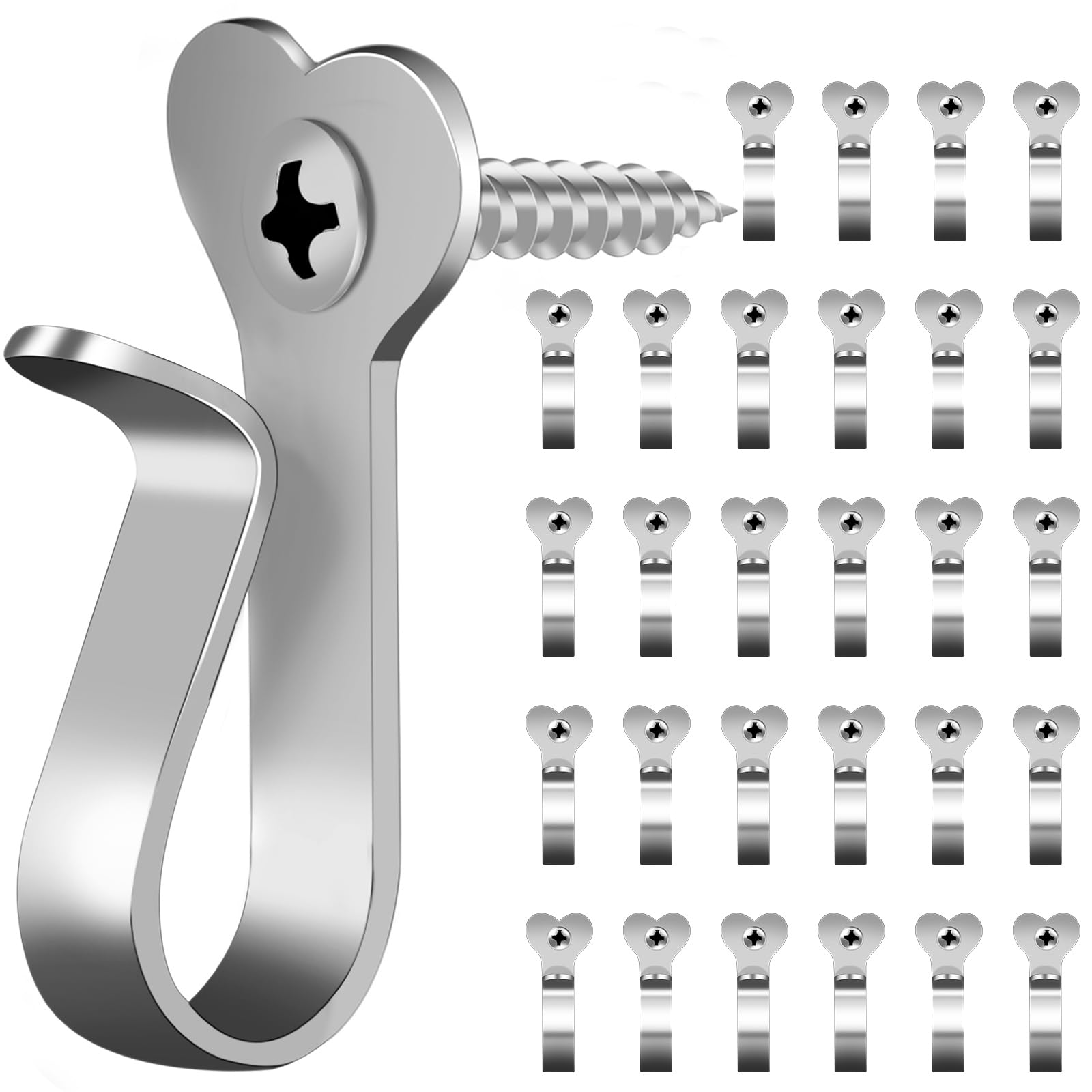 60 Pack Stainless Steel Light Hanger Hooks - Screw-in Hooks for Outdoor Holiday Lights, LED String Lights, Plants & Wires - Durable Wall Hooks for Christmas Decorations, Garden & Home Organization (Silver)