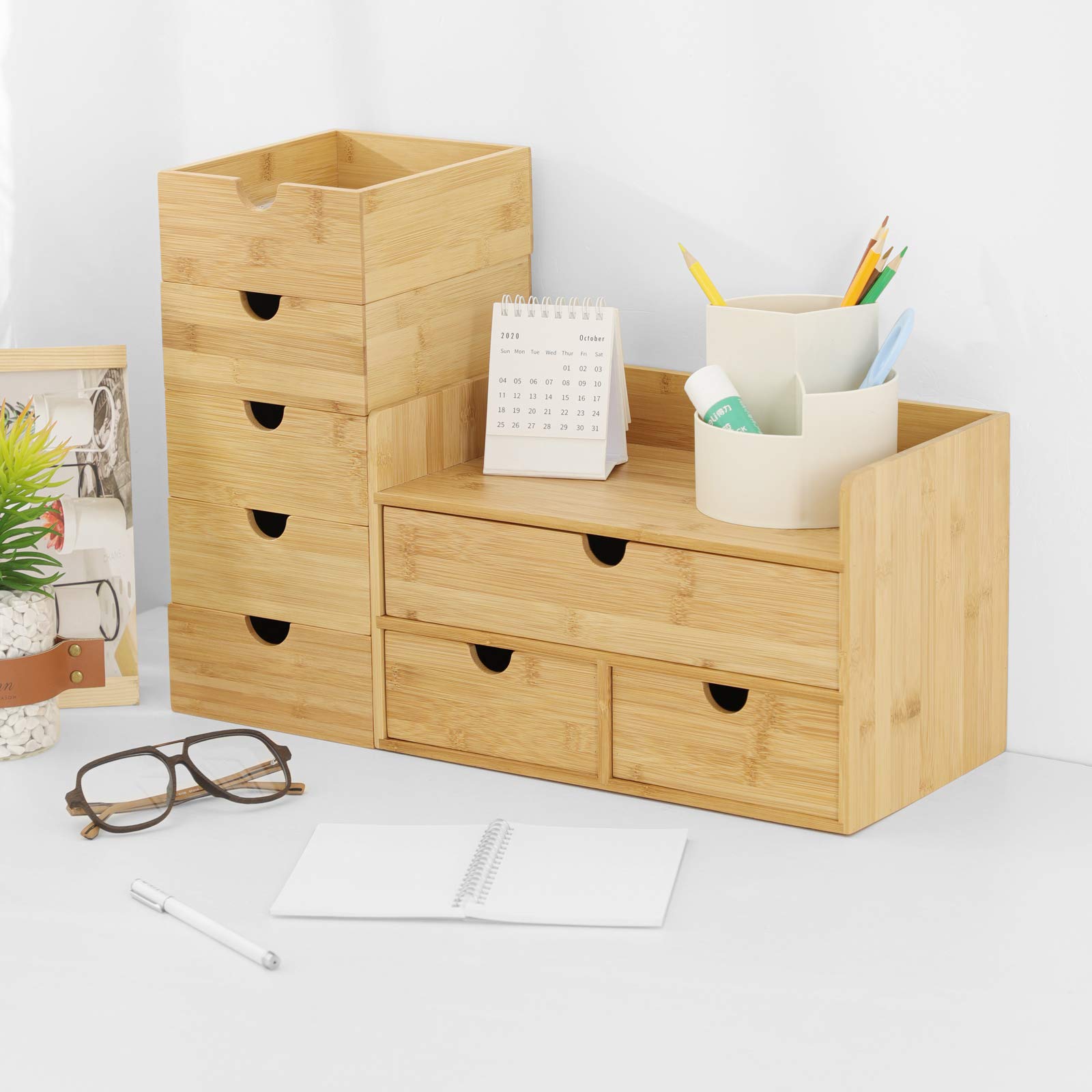 Wisuce 2-Drawer Bamboo Desk Organizer - No Assembly Required Desktop Storage Box for Office, Home & Vanity Supplies - Perfect for Organizing Toiletries, Stationery & Small Essentials