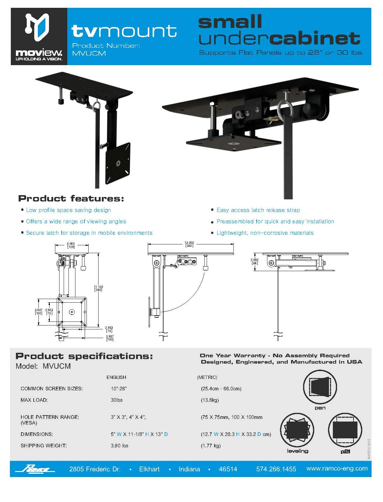 MVUCM Under Cabinet or Ceiling TV Mount - Adjustable Bracket for Kitchens, Boats, RVs & Small Spaces - Perfect for Watching TV While Cooking or Traveling