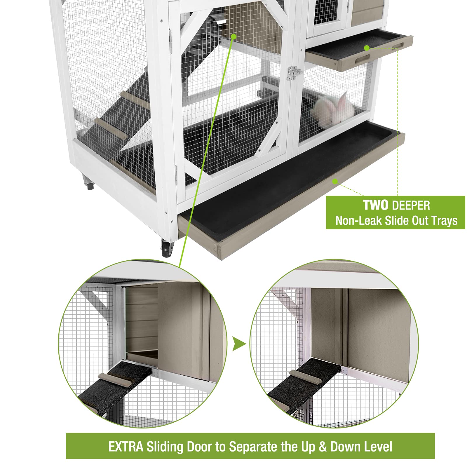 GUTINNEEN Indoor Outdoor Rabbit Hutch with Wheels - Bunny Cage with 2 Deep No-Leak Pull-Out Trays, Wire Mesh Free Bottom - Perfect for Backyard, Patio & Pet Play Areas