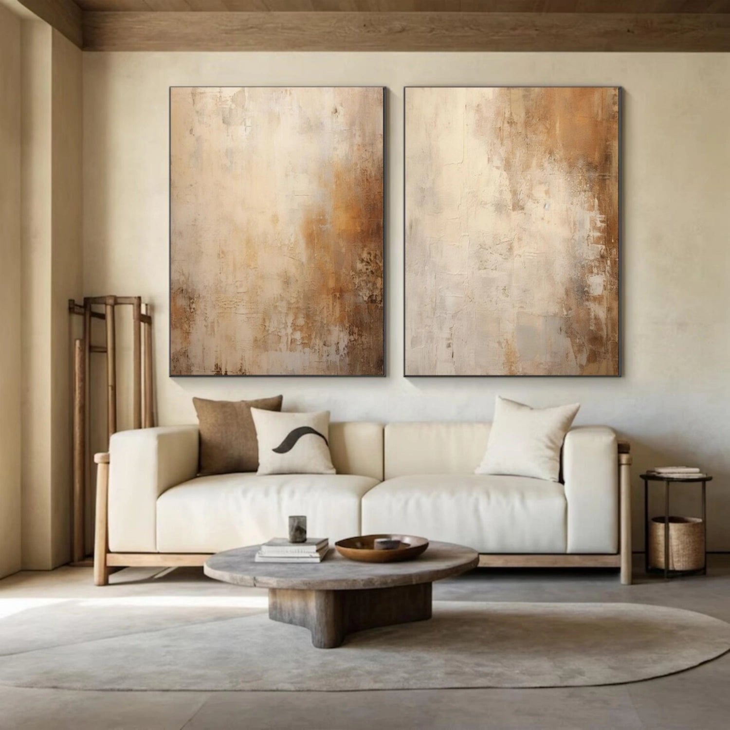 Abstract Beige & Brown Wall Art Set of 2 - Modern Canvas Paintings for Living Room, Bedroom & Office Decor #BB163