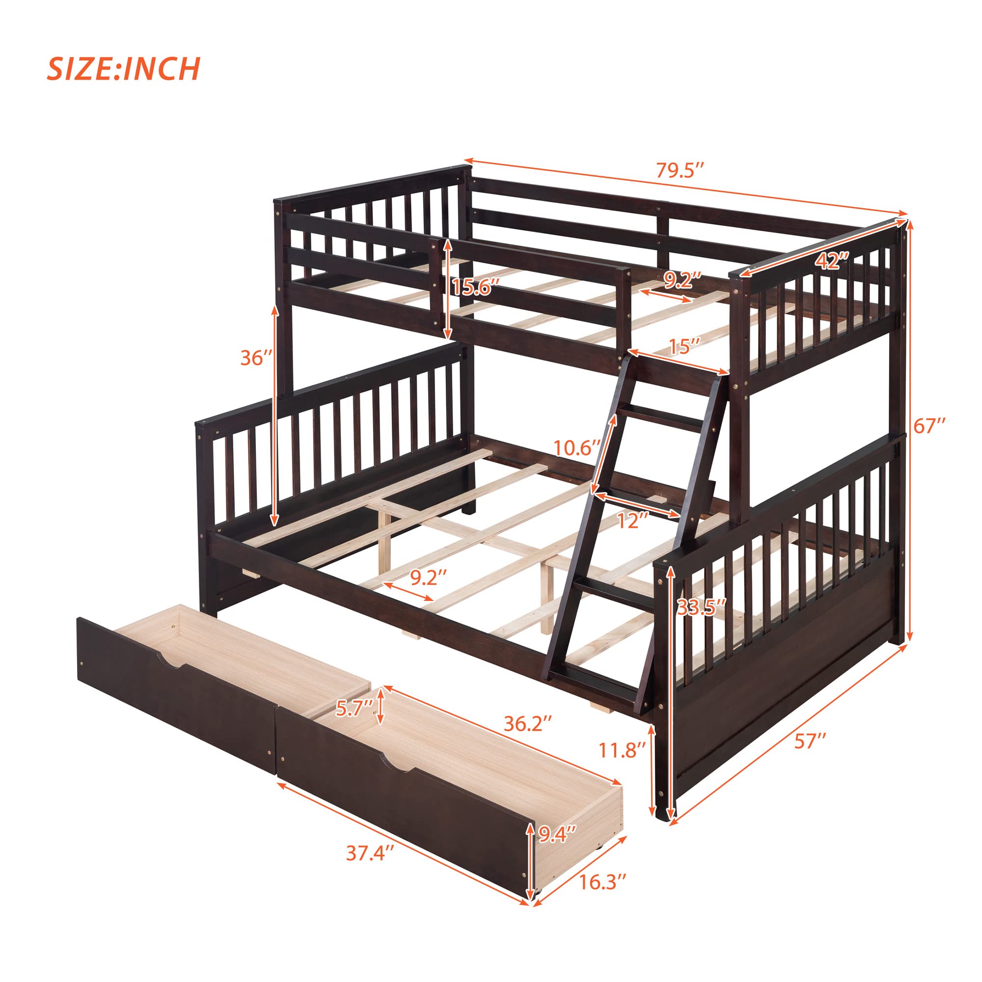 Harper & Bright Designs Twin Over Full Bunk Bed with Storage Drawers - Solid Pine Wood Frame, Safety Guard Rails & Ladder - Space Saving Kids & Teens Bunk Bed for Boys & Girls - No Box Spring Needed - Espresso Finish - Perfect for Small Bedrooms, Shared Kids Rooms & Vacation Homes