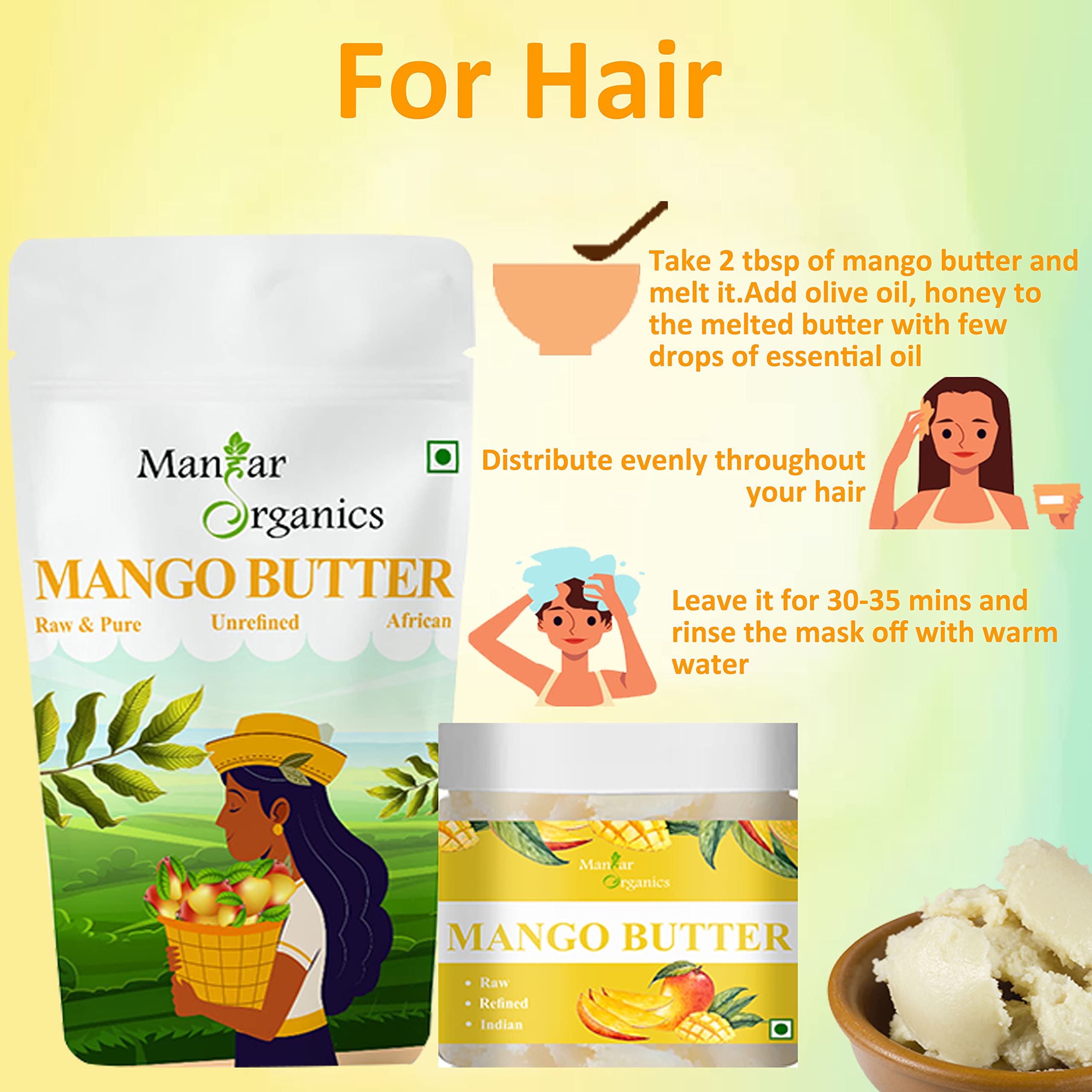 Organic Mango Butter 4.4oz (125g) - Raw, Unrefined African Body Butter for Dry Skin, Hair & Lips | Natural Moisturizer & Nourishing Cream | DIY Skincare, Body Care & Lip Balm | Perfect for Massage, Stretch Marks & Cracked Heels