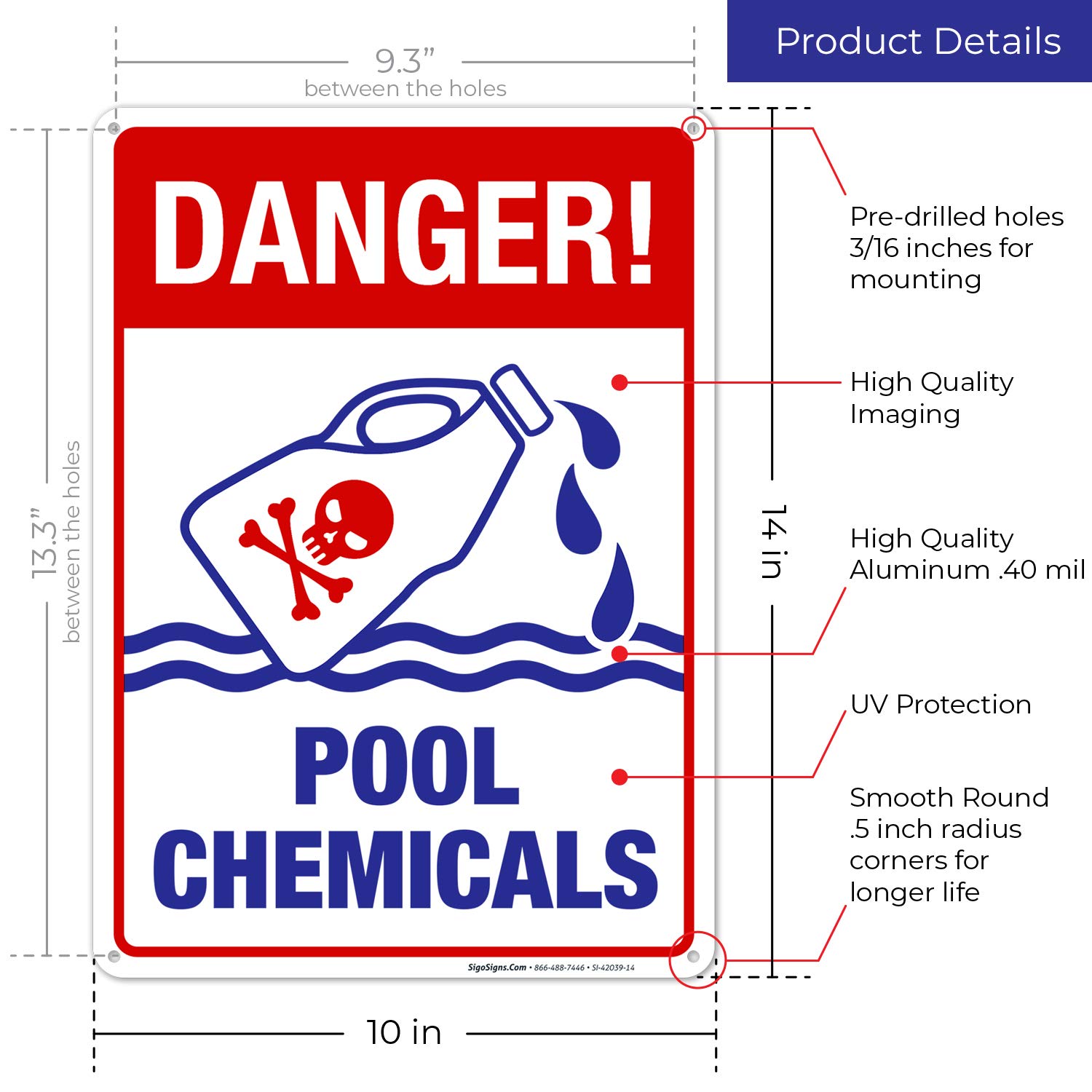 Pool Chemicals Sign - Sigo 10X14 Rust Free Aluminum Sign, Weather & Fade Resistant for Indoor/Outdoor Use, Easy Mounting, Made in USA - Perfect for Pool Safety, Maintenance & Chemical Storage Areas