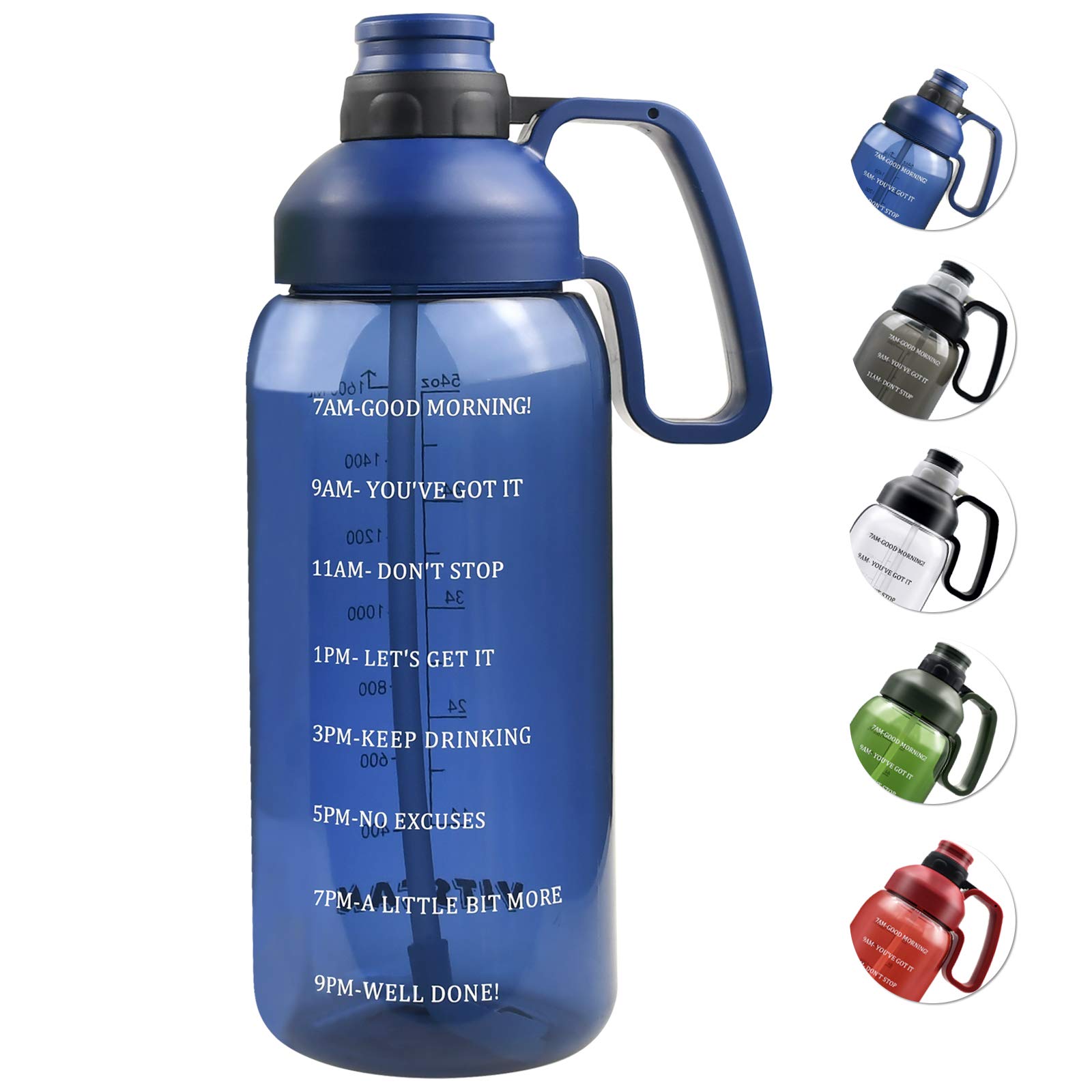 64oz Half Gallon Water Bottle with Straw & Time Marker - BPA Free, Leakproof, Wide Mouth Sports Water Jug for Gym, Hiking & Outdoor Activities - Motivational 2L Water Bottle (Blue)