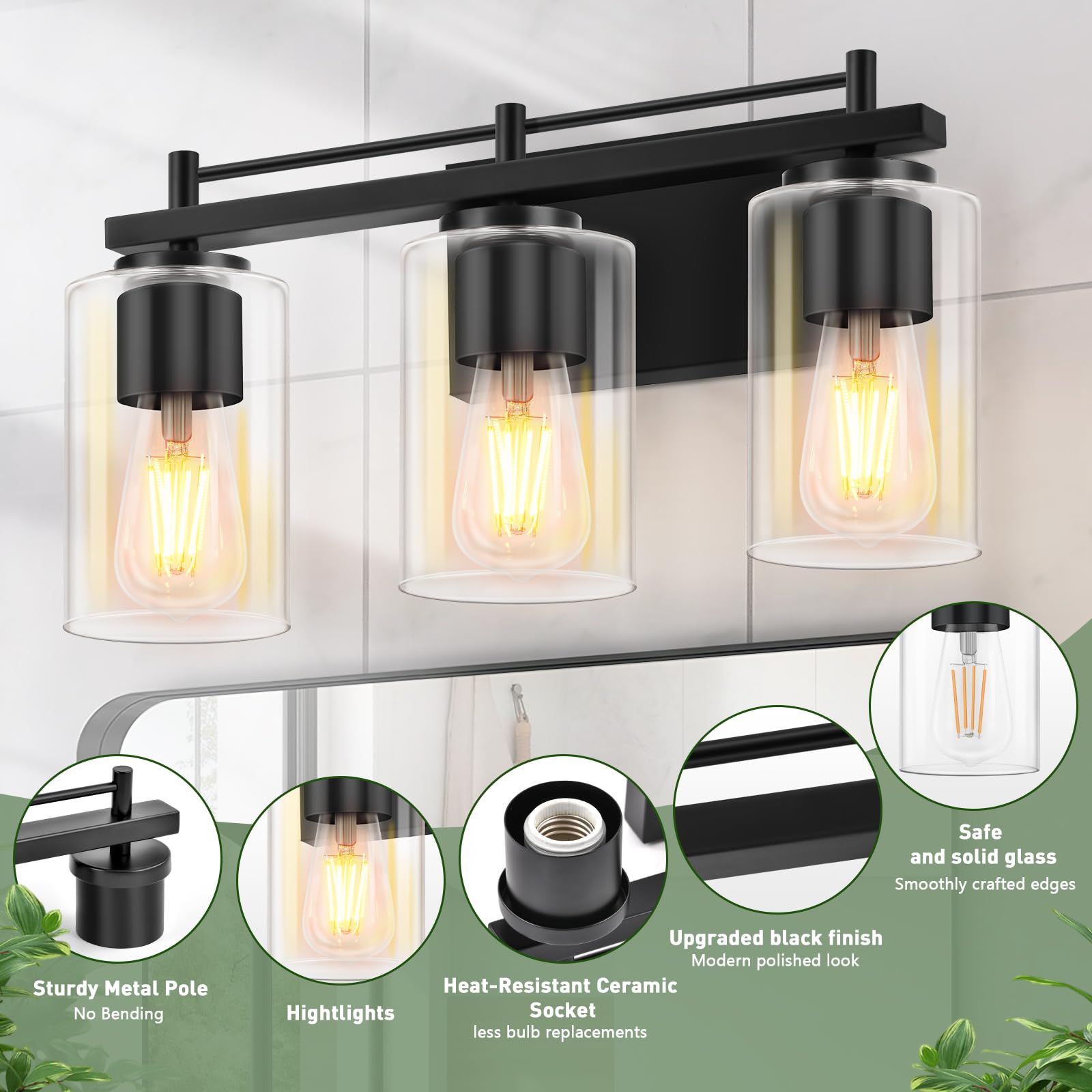 Modern Black 3-Light Bathroom Vanity Wall Sconce with Clear Glass Shade - Matte Finish Wall Mounted Lighting Fixture for Mirror, Bedroom, Hallway & Bathroom Decor
