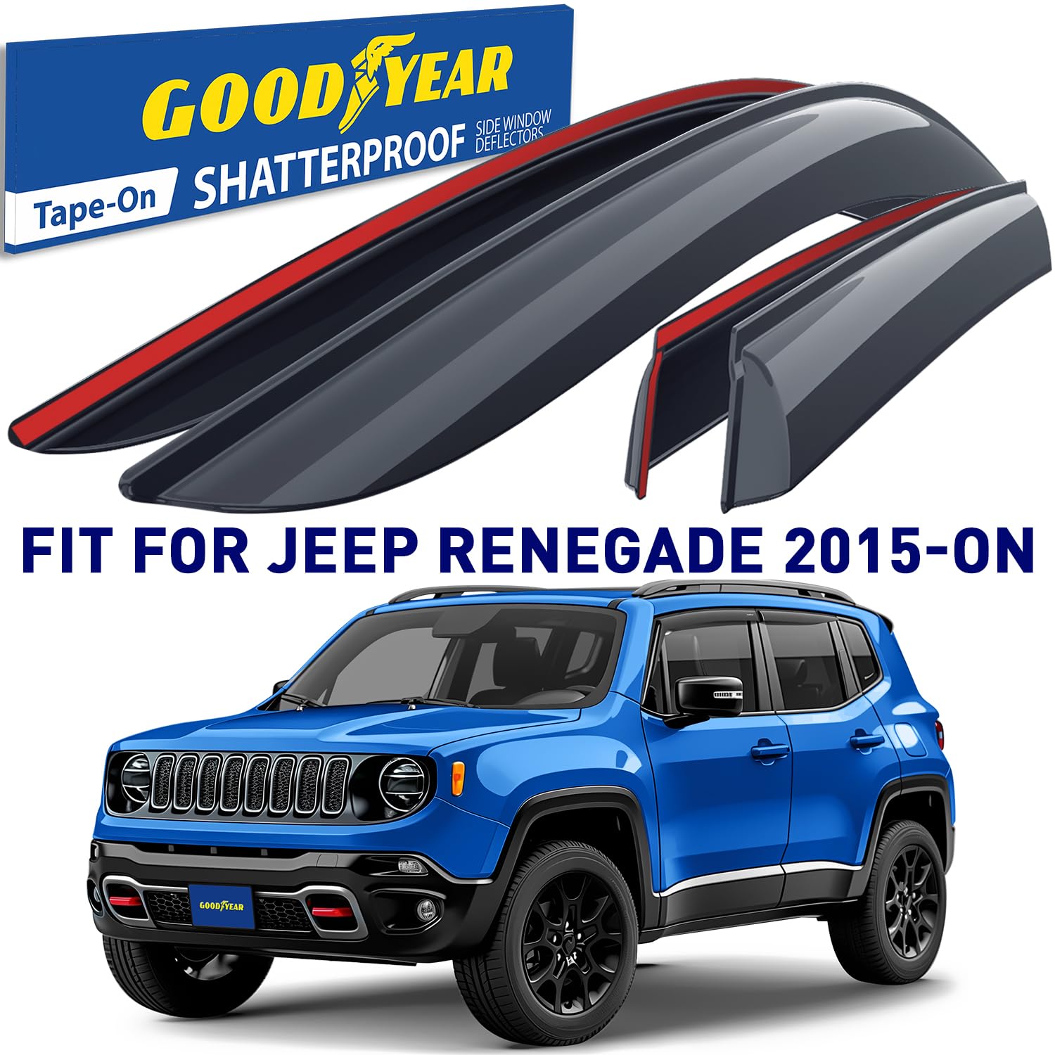 Goodyear Shatterproof Side Window Deflectors for Jeep Renegade 2015-2023 - Tape-on Rain Guards & Vent Visors (4-Piece Set GY008654) - Perfect for All-Weather Protection & Enhanced Driving Comfort