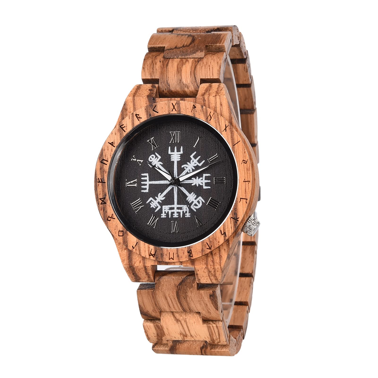 Viking Compass Vegvisir Handmade Engraved Wooden Watch - Norse Mythology Inspired Timepiece for Men, Perfect for Outdoor Adventures & Viking Cosplay