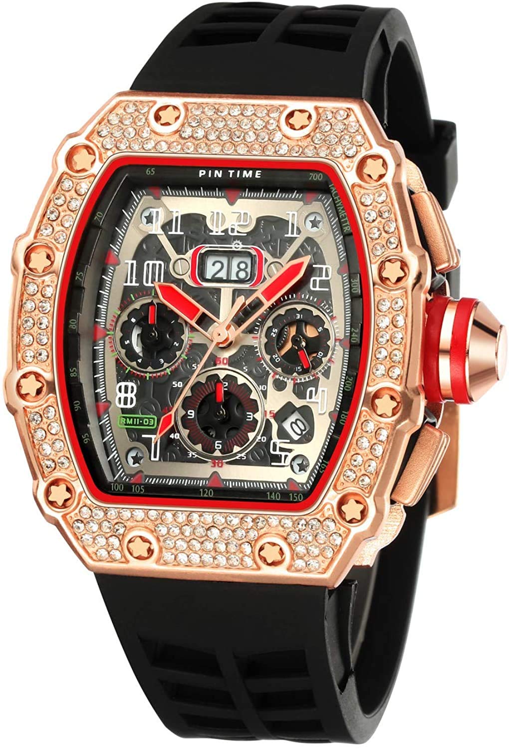 Luxury Gosasa Men's Diamond Tonneau Watch - Analog Chronograph with Date Calendar, Large Rectangle Face & Silicone Strap - Perfect for Business, Dress & Work Attire | Elegant Wristwatch for Formal Events & Professional Settings