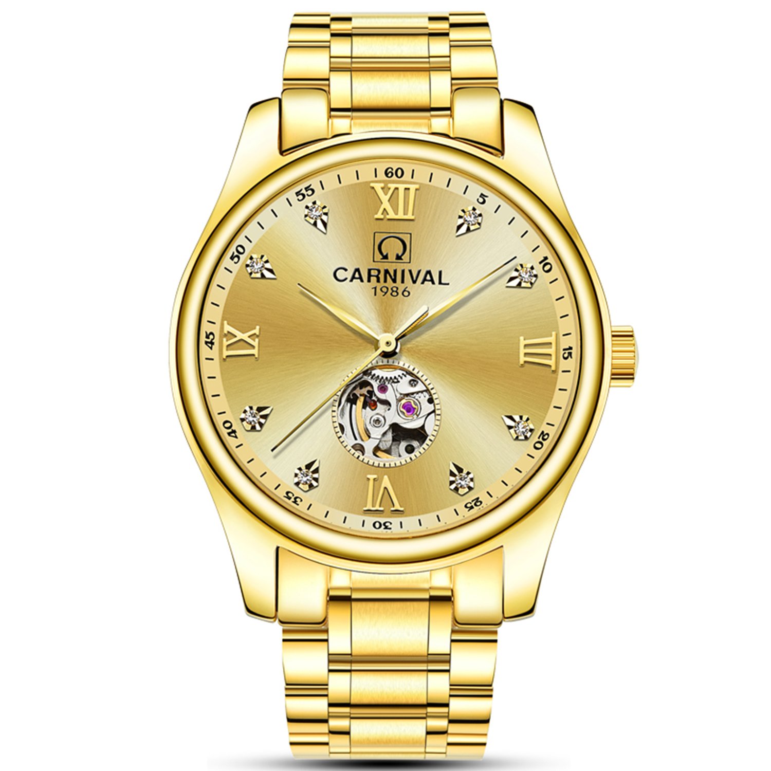 MASTOP Men's Automatic Skeleton Watch with Crystal Dial - Stainless Steel Two-Tone Mechanical Watch for Business, Casual & Formal Wear | Water Resistant & Durable