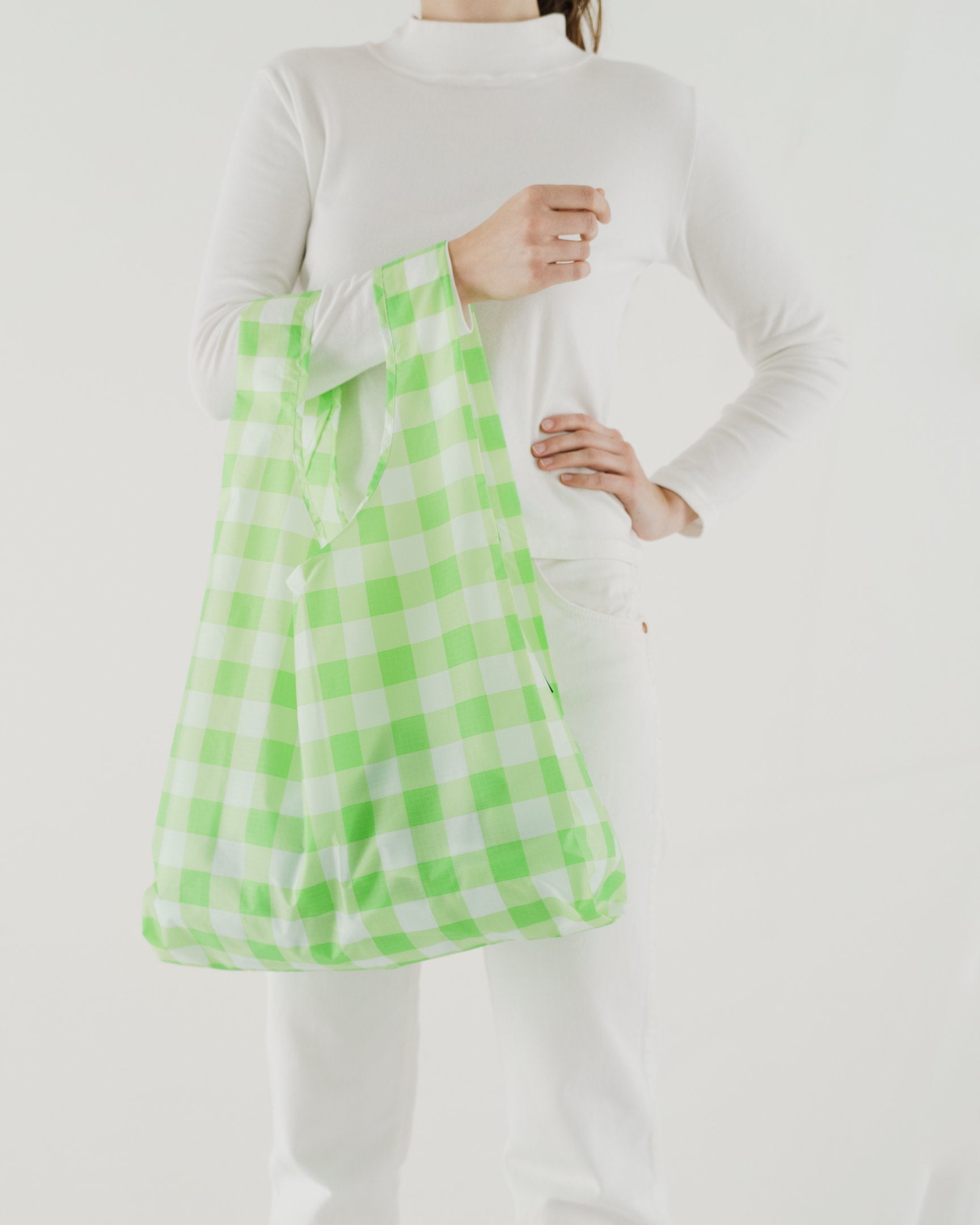 Baggu Standard Reusable Shopping Bag - Large Size, Checkered Lime Green Pattern - Eco-Friendly Grocery Tote for Shopping, Beach & Daily Use