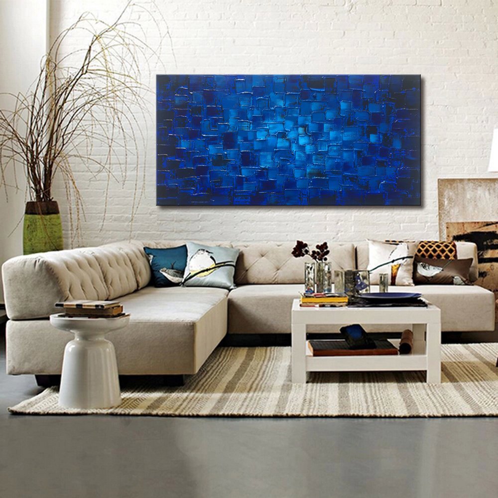 Large Abstract Dark Blue Square Wall Art - Hand Painted Textured Oil Painting on Canvas (60x30 inches) Ready to Hang - Perfect for Living Room, Bedroom & Office Decor