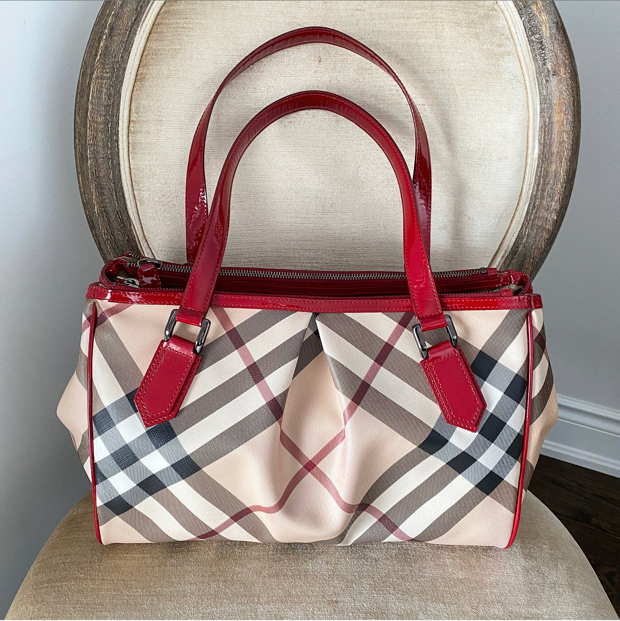 Burberry Red Patent Leather Trim Super Nova Check Tote Bag for Women - Luxury Designer Handbag for Work, Travel & Everyday Use
