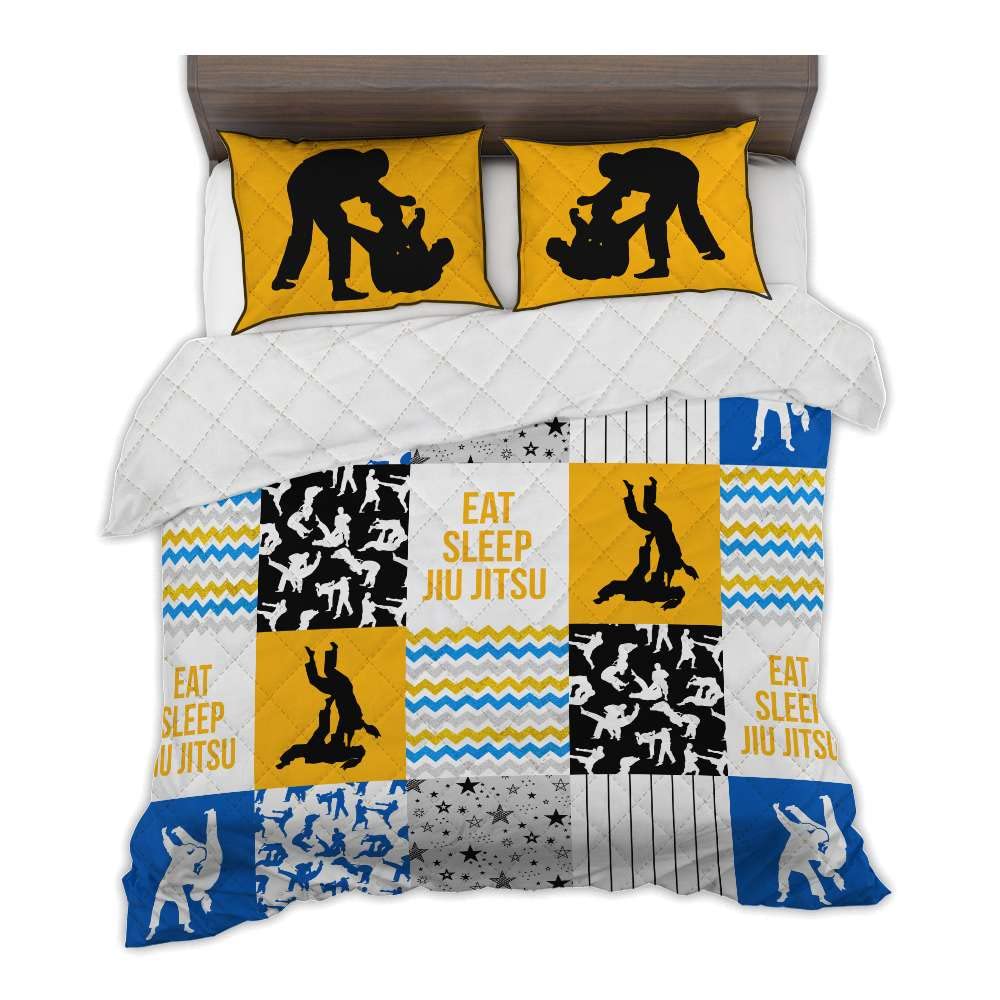 Zbigtee Jiu Jitsu Themed Bedding Set - Full/Queen Size Quilt Comforter with Sporty Geometric Pattern (King 91x102, Yellow & Blue) - Perfect for MMA Fans, BJJ Enthusiasts & Martial Arts Themed Bedrooms