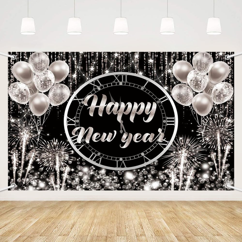 MEHOFOND Happy New Year Backdrop 2025 - Silver & Black NYE Party Decor, Photography Background, Kiss Me at Midnight Banner (7x5ft) - Perfect for New Year's Eve Celebrations, Photobooth Props & Festival Party Supplies