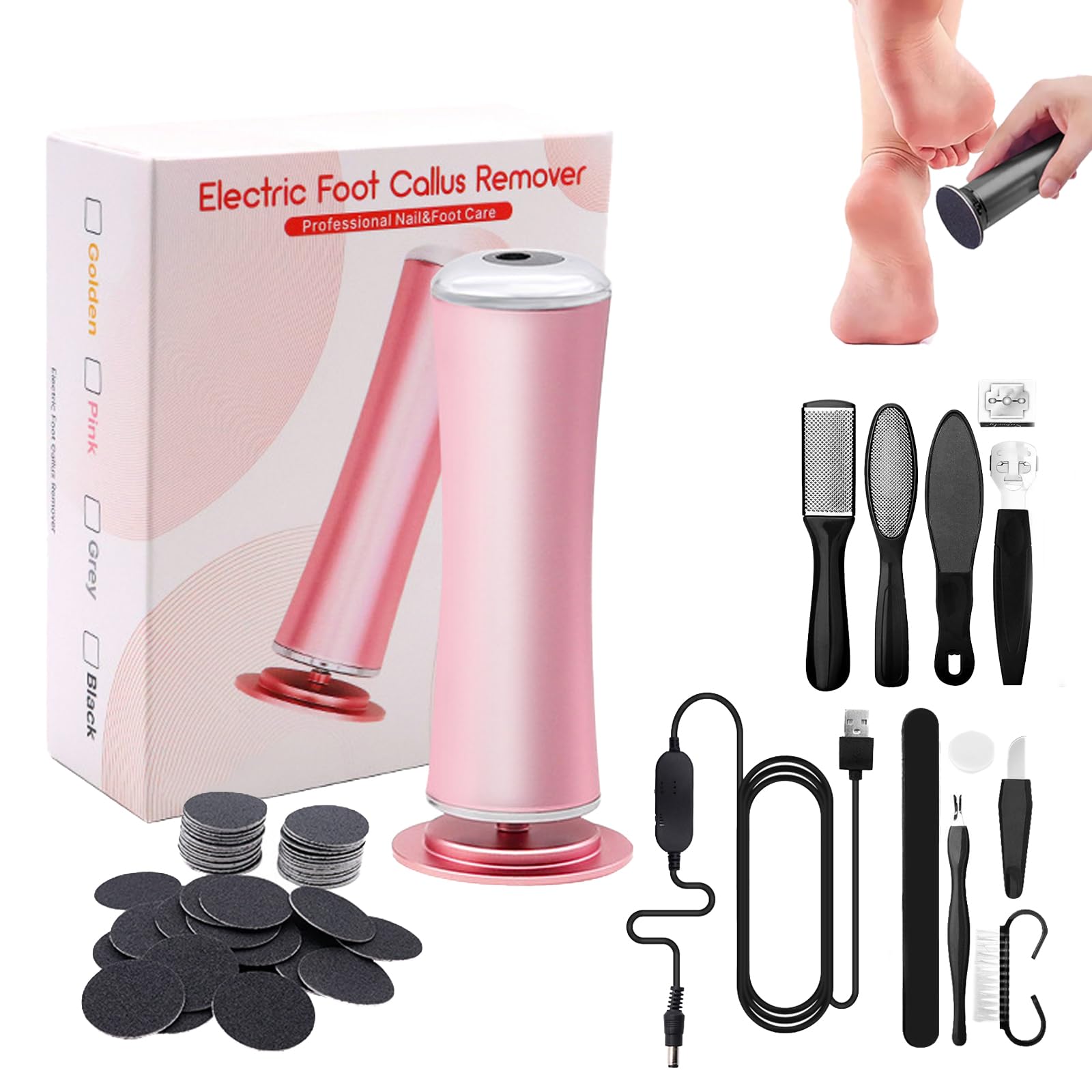 Electric Foot Callus Remover - 360° Rotation with 60PCS Sanding Discs - Professional Pedicure Tool for Women & Men - Perfect for Dry, Cracked Heels & Callus Removal at Home or Salon