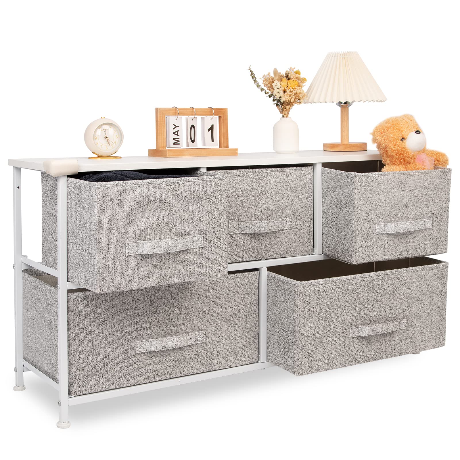 CONNOO 5-Drawer Fabric Dresser for Bedroom & Closet Storage - Wooden Top & Metal Frame Organizer for Clothes, Toys, Accessories - Light White Grey | Space-Saving Storage Solution for Nursery, Dorm, Apartment