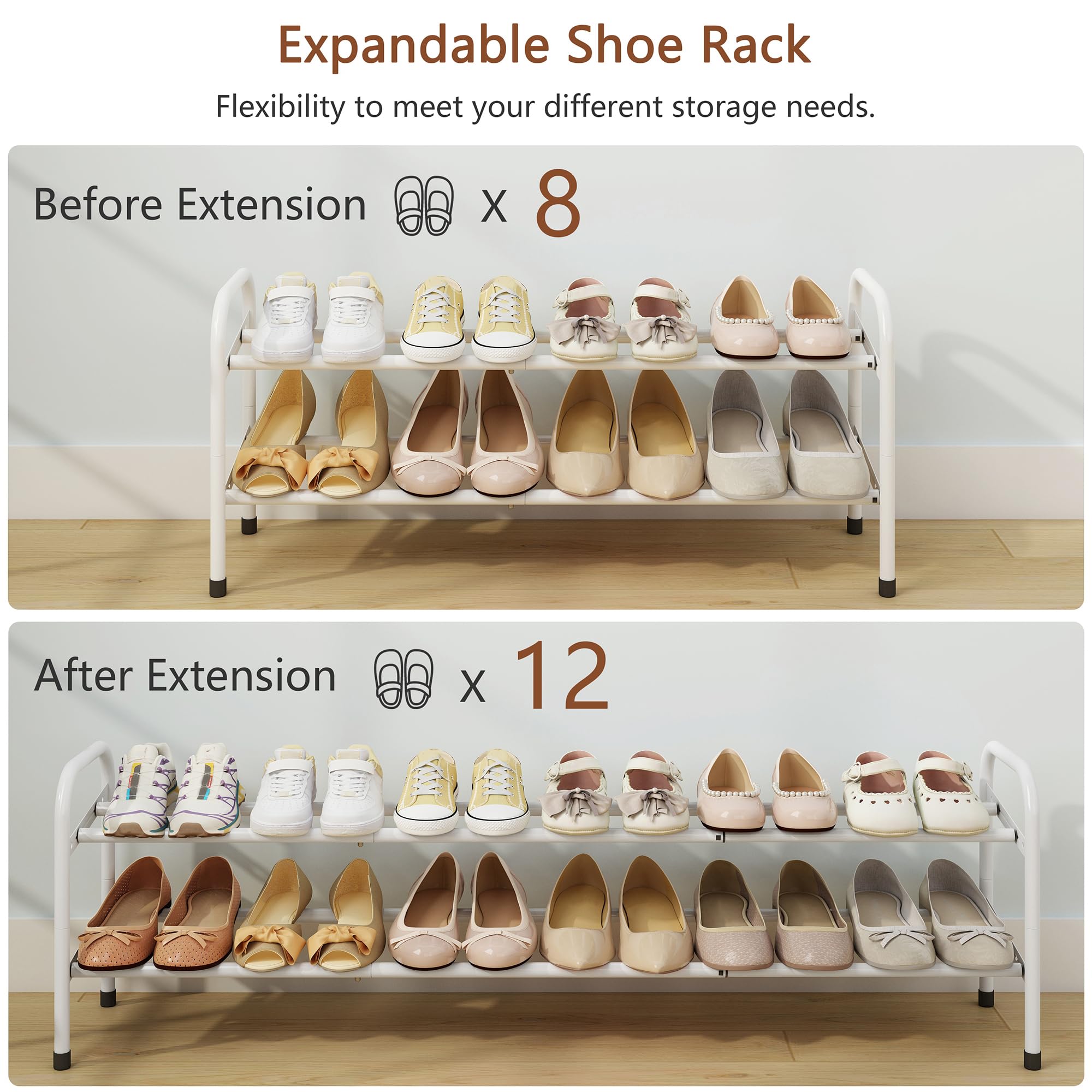2-Tier Expandable Shoe Rack for Closet - Adjustable Metal Shoe Organizer Holds Up to 12 Pairs - Perfect for Bedroom, Entryway, Hallway - White (41.53 Inches) - Space Saving Shoe Storage Solution for Small Spaces & Apartment Living