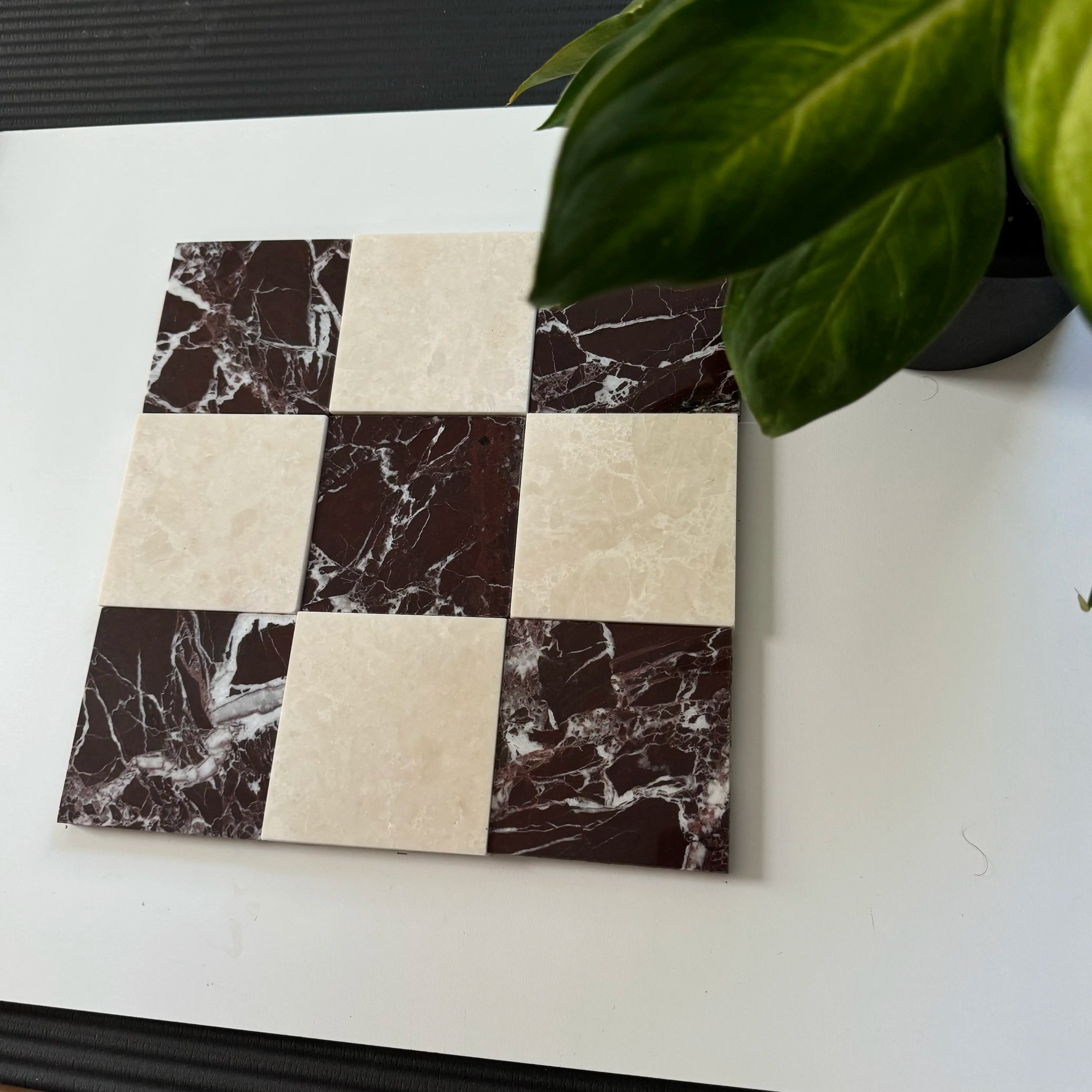 Premium Rosso Levanto & White Pearl Checkerboard Tiles - Polished or Honed Finish - Elegant Flooring for Kitchen, Bathroom & Entryway