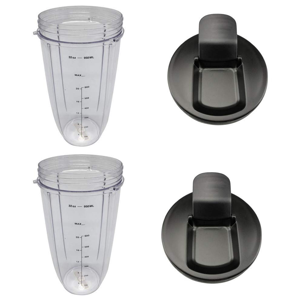 2-Pack 32oz Replacement Cups for Blender Juicer Mixer with 2 Spout Lids - Fits Most 24oz & 32oz Containers - Perfect for Smoothies, Juices, and Meal Prep at Home or Gym