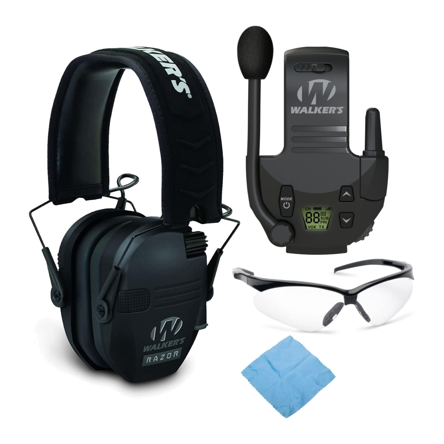 Walker's Razor Slim Electronic Shooting Earmuffs - Noise Cancelling Hearing Protection with Walkie Talkie & Safety Glasses Bundle for Hunting, Range Shooting & Outdoor Activities