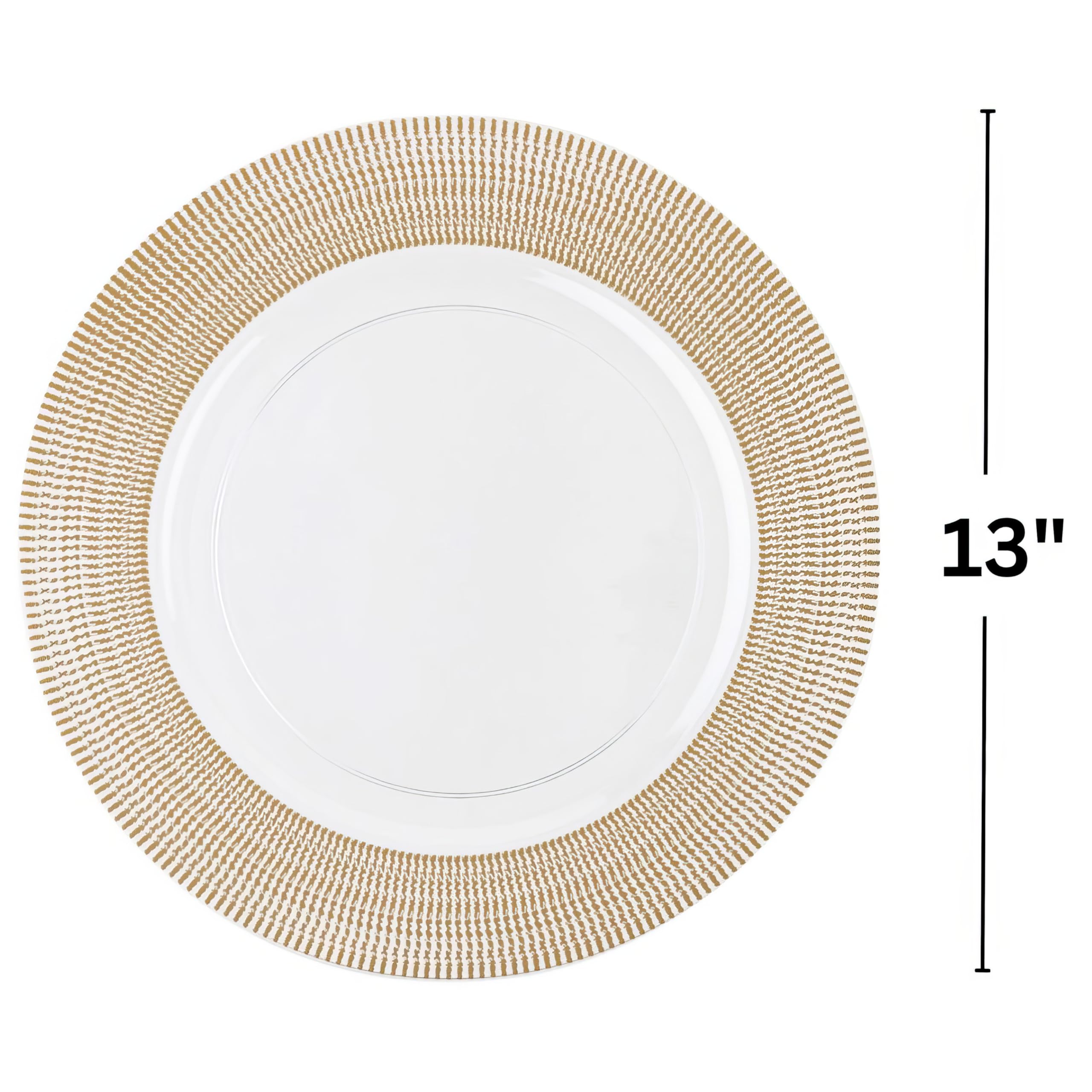 Elegant Round White Plastic Charger Plates with Gold Textured Rim - 13 Inch (Pack of 4) - Premium Disposable Salad Plates for Birthday Party, Wedding, Baby Shower, Themed Events & Everyday Home Use - Durable & Stylish Tableware for Restaurants, Catering & Family Gatherings