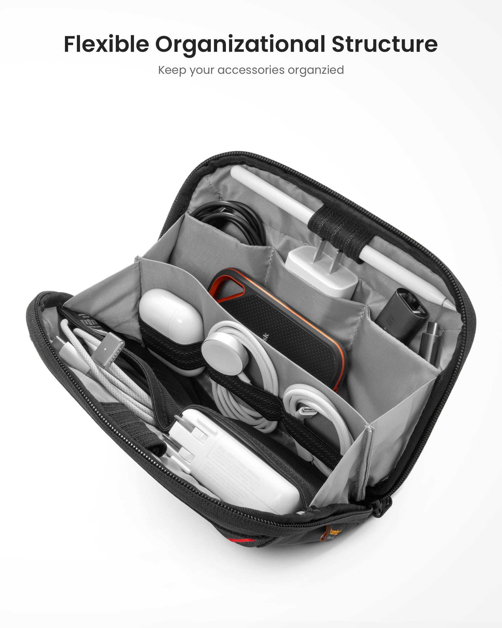 tomtoc Waterproof Travel Cable Organizer Pouch - Portable Electronics Accessories Case for Chargers, Cables, USB Drives & More (Black) | Perfect for Business Trips, Commuting & Daily Organization