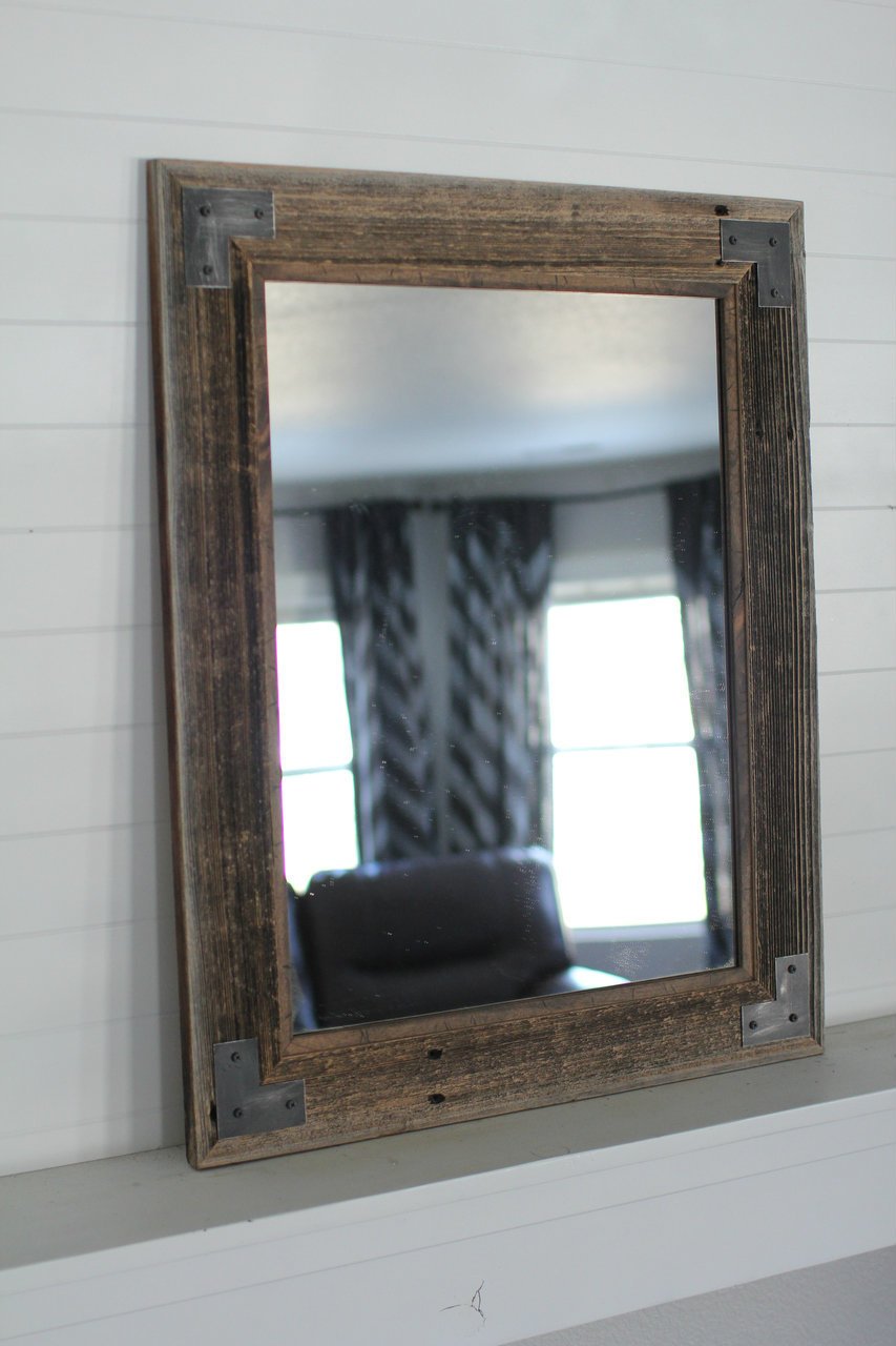 Reclaimed Barnwood Mirror 26x30 Inches - Rustic Farmhouse Decor with Metal Corner Brackets, Ranch Hand Style for Living Room, Bedroom, Entryway Wall Decor