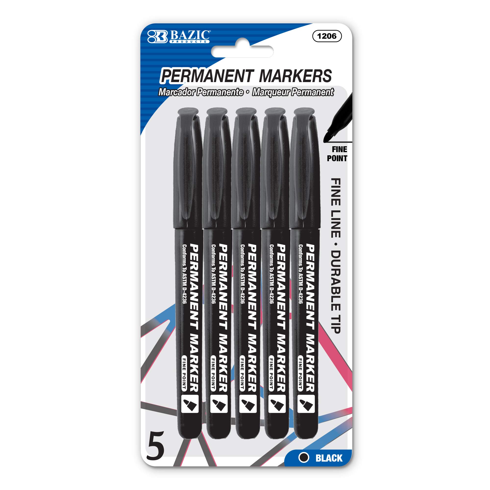 BAZIC Black Fine Tip Permanent Markers with Pocket Clip - 5 Pack (Case of 24) - Ideal for Office, School, Art Projects & Labeling
