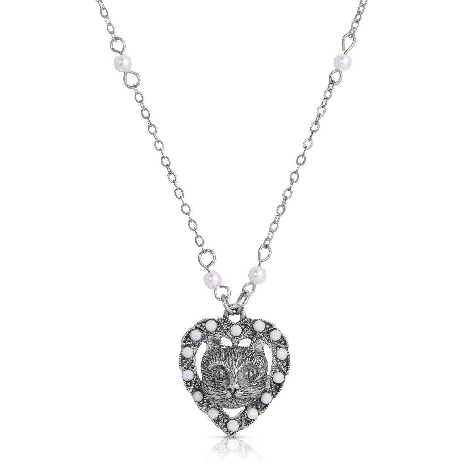 1928 Jewelry Heart & Cat Crystal Faux Pearl Pendant Necklace - 16