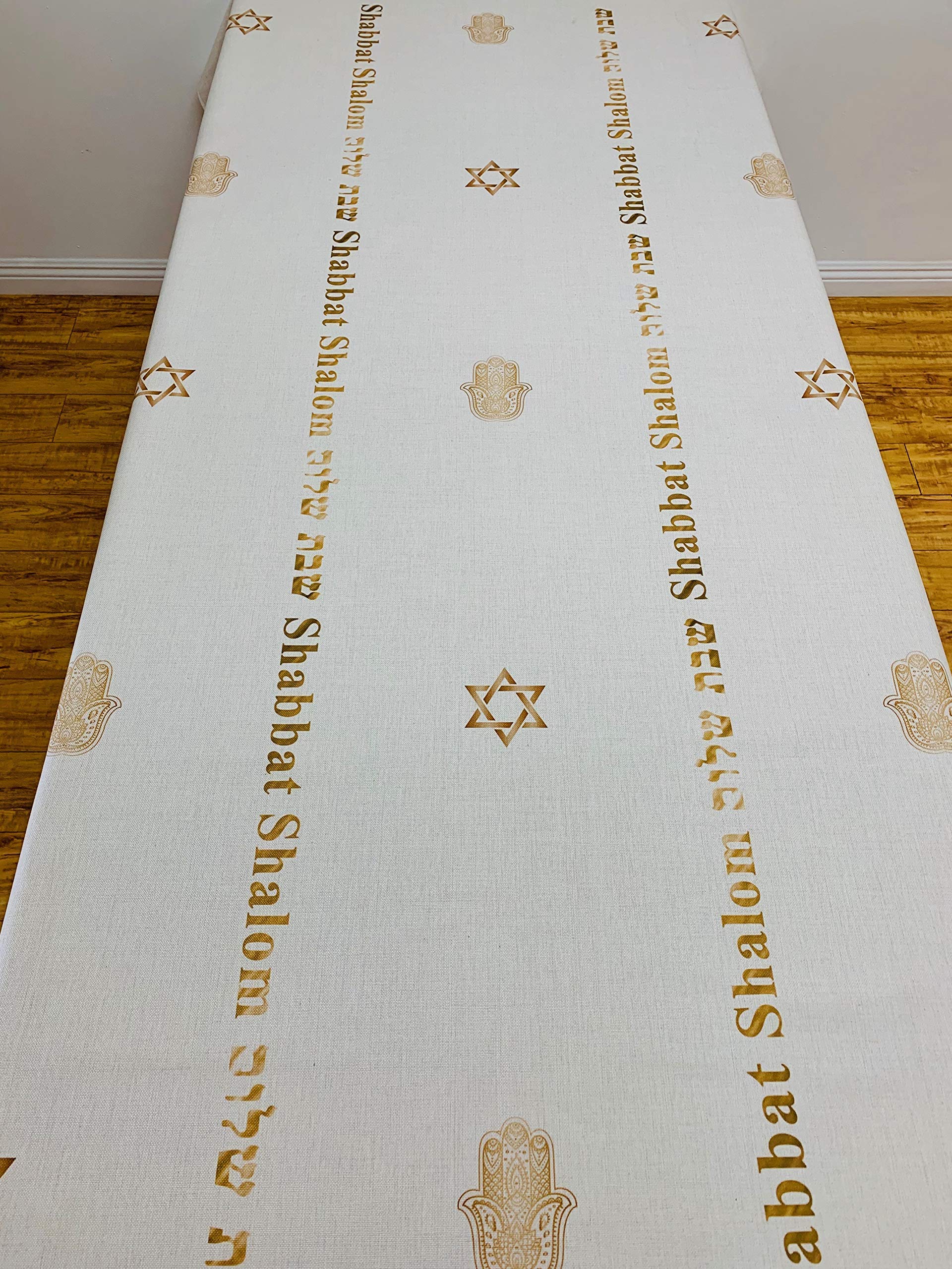 Shabbat Shalom Gold Rectangle Tablecloth - Elegant Judaica Home Decor for Shabbos & Jewish Holidays - Ivory Table Cover for Dining & Special Occasions (Gold, 55