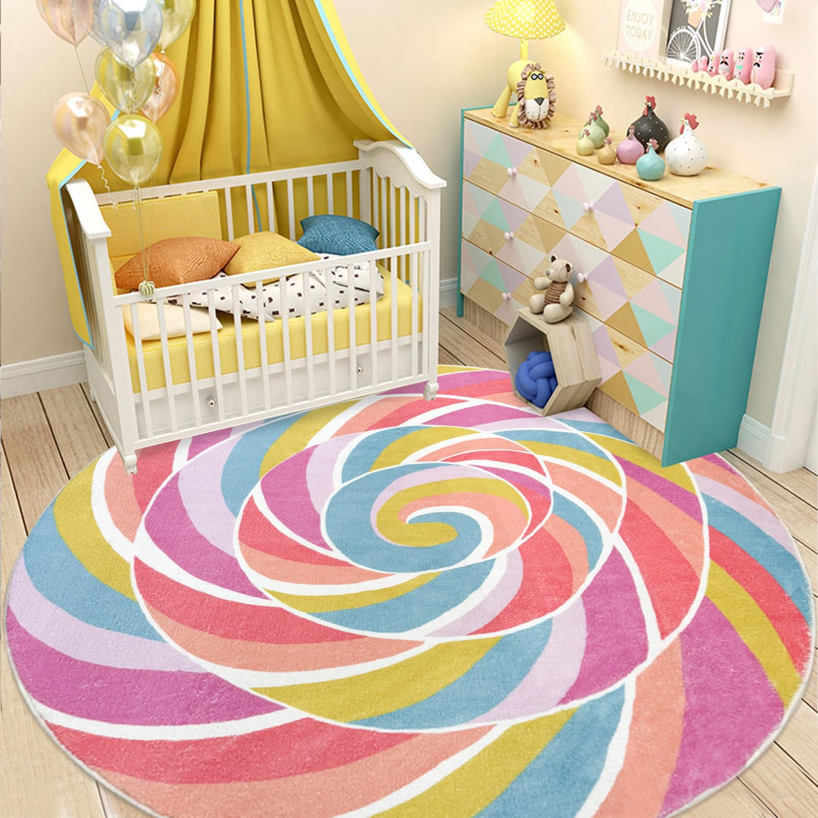 6Ft Round Rainbow Lollipop Kids Play Mat - Non-Slip Nursery Rug for Girls Bedroom, Classroom & Playroom - Large Circle Candy Themed Carpet for Children's Room Decor & Candyland Party Decorations - Perfect for Playtime, Learning Activities & Birthday Celebrations