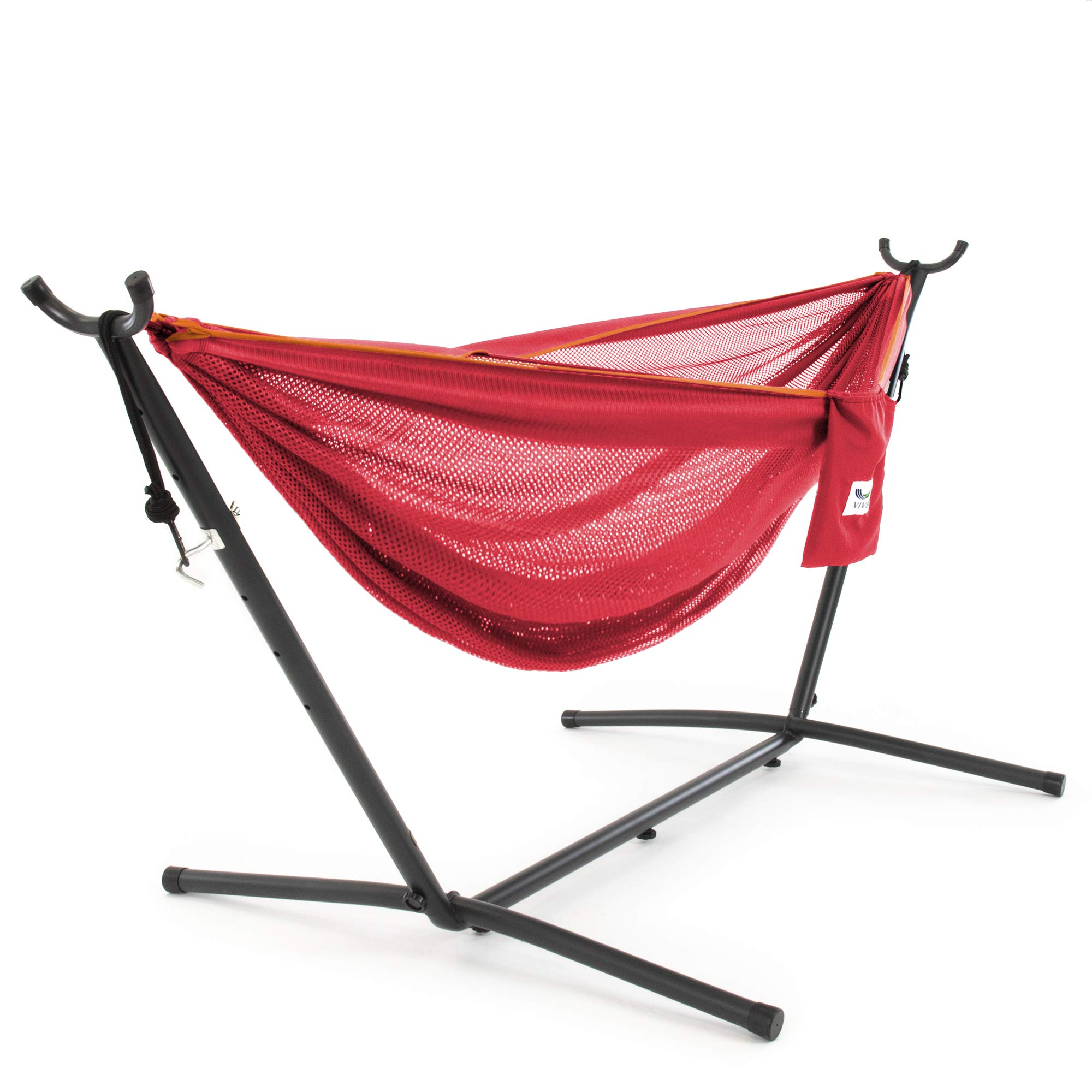 Vivere C9MESH-46 Double Hammock with Steel Stand - Peach & Punch Color - Outdoor Patio, Backyard, Camping & Beach Relaxation