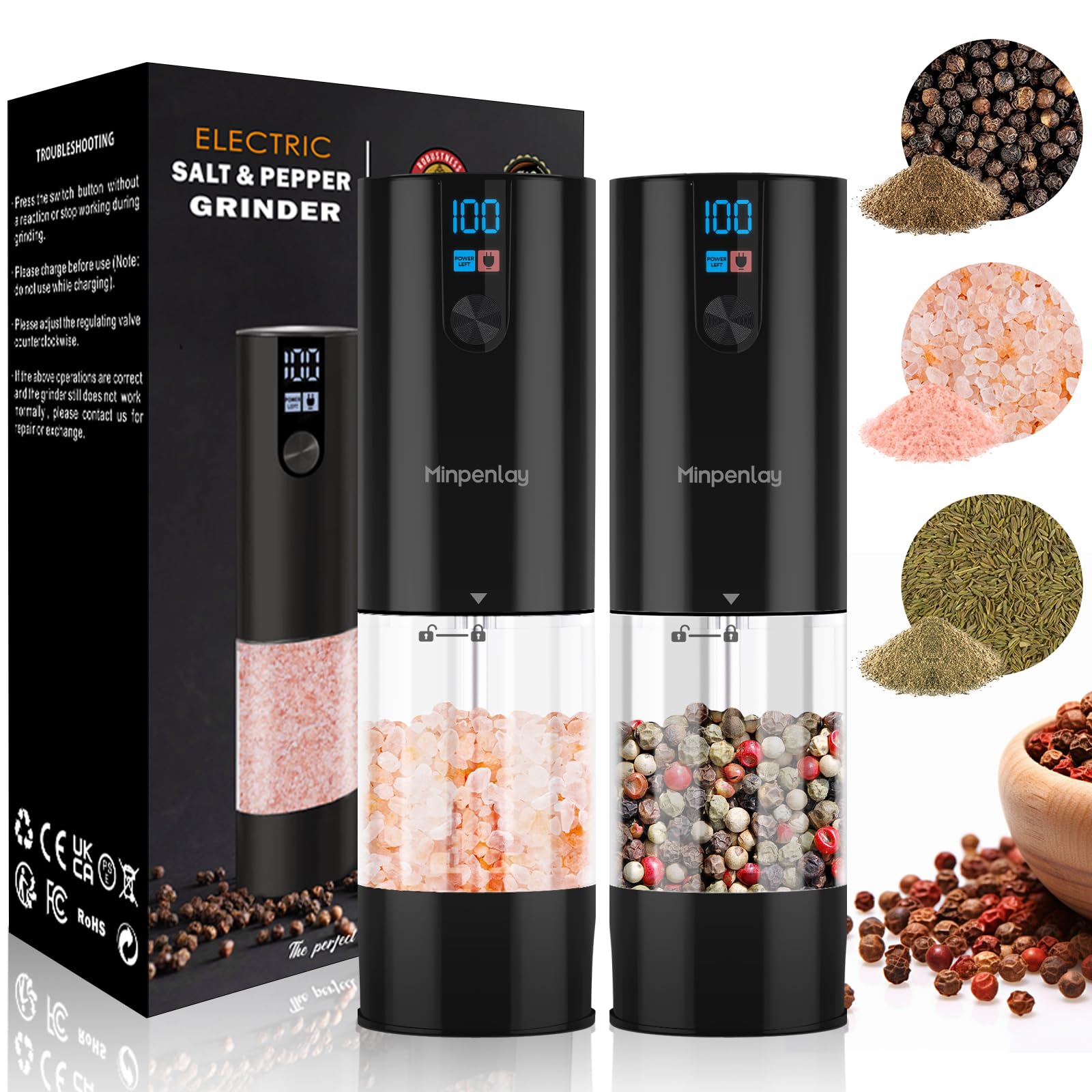 Rechargeable Electric Salt and Pepper Grinder Set with LED Display - Adjustable Coarseness, 120ml Capacity - Automatic Kitchen Spice Mill for Home & Restaurant Use - Perfect for Cooking, Dining & Gourmet Meal Prep (Bright Black, 2-Pack)