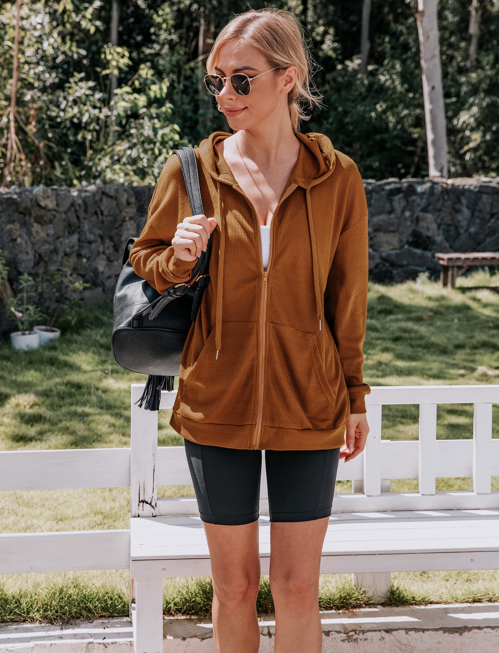 Cowasto Women's Waffle Knit Zip Up Hoodie - Casual Long Sleeve Drawstring Jacket with Hood | Perfect for Fall Layering, Outdoor Activities & Cozy Loungewear