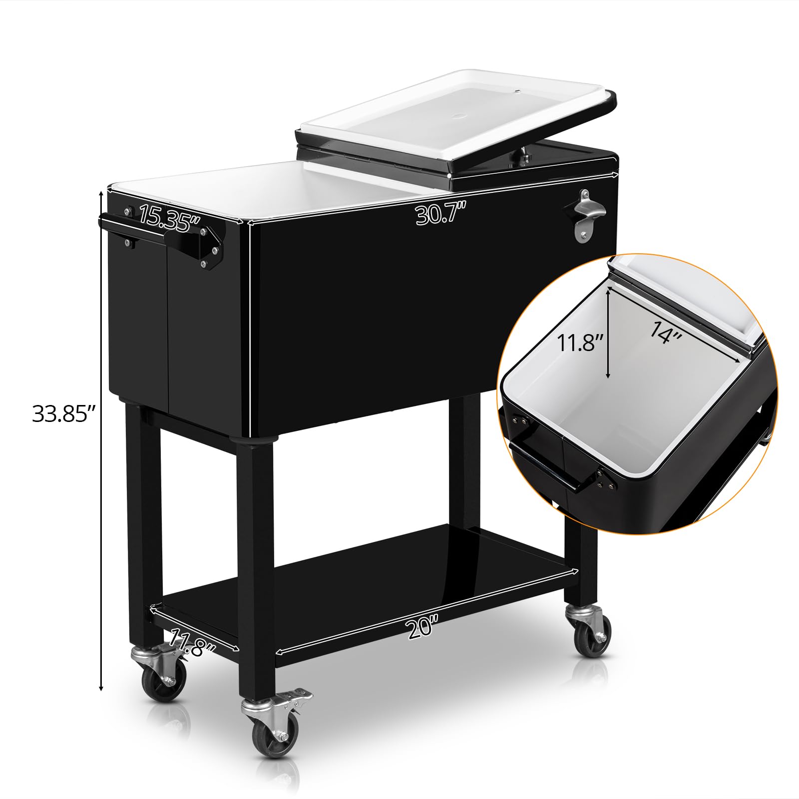 VINGLI 80 Quart Rolling Cooler with Wheels - Portable Outdoor Party Ice Chest for Drinks, Beverage Cart with Shelf & Built-in Bottle Opener - Perfect for Beach, Camping, Tailgating & Backyard BBQs