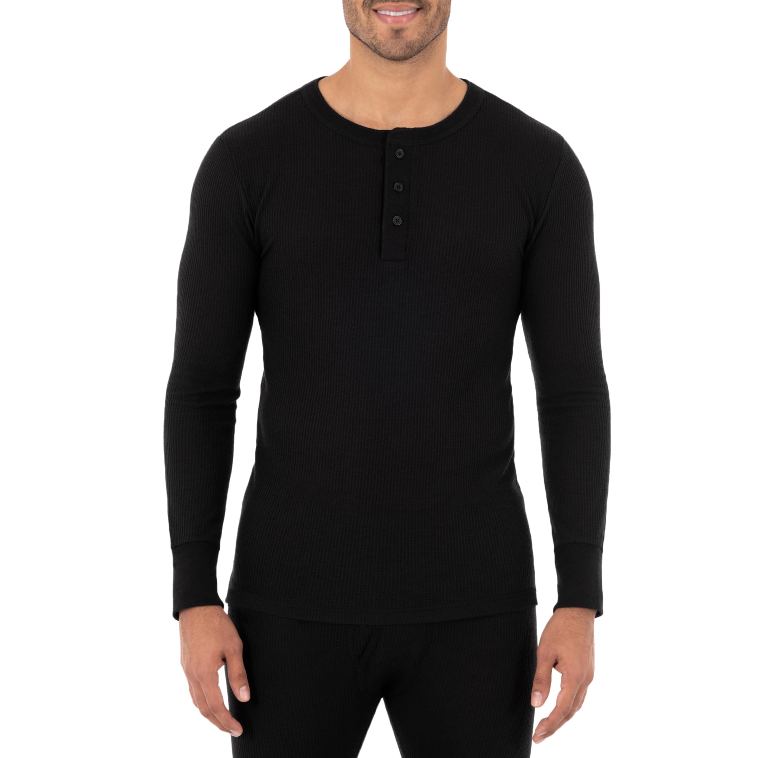 Fruit of the Loom Men's Recycled Waffle Thermal Underwear Henley Top - Eco-Friendly Warm Base Layer for Winter, Camping & Outdoor Activities