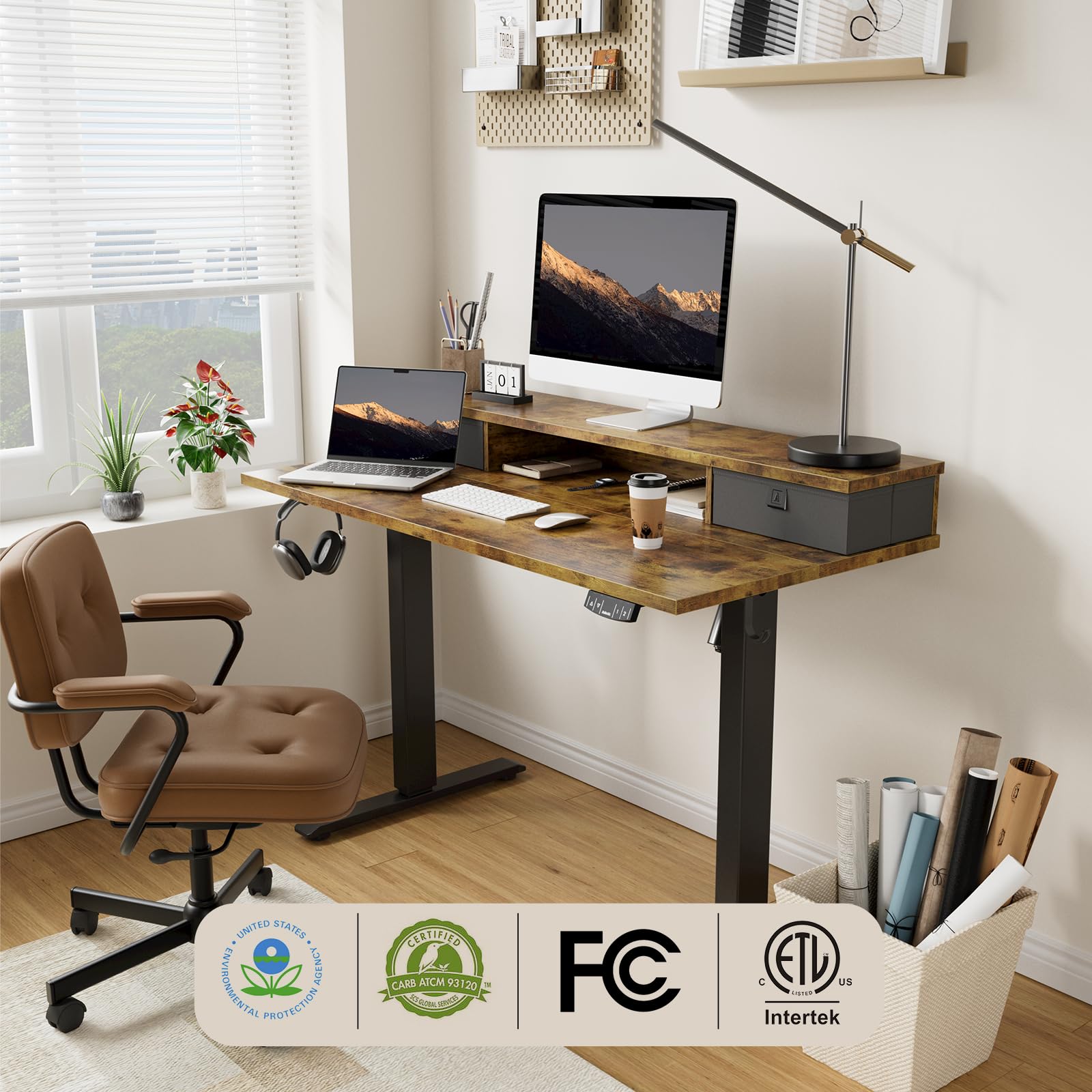 Agilestic 63 x 24 Inches Electric Standing Desk - Height Adjustable with 2 Drawers & Splice Board, Rustic Brown - Perfect for Home Office, Gaming Setup and Workspace Ergonomics