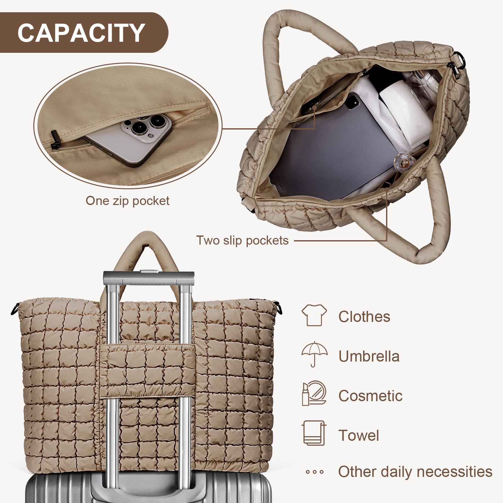 Quilted Duffle Bag for Travel - Large Puffer Weekender Gym Bag, Soft Carry-On Luggage for Overnight Trips | Perfect for Gym, Weekend Getaways & Airplane Travel