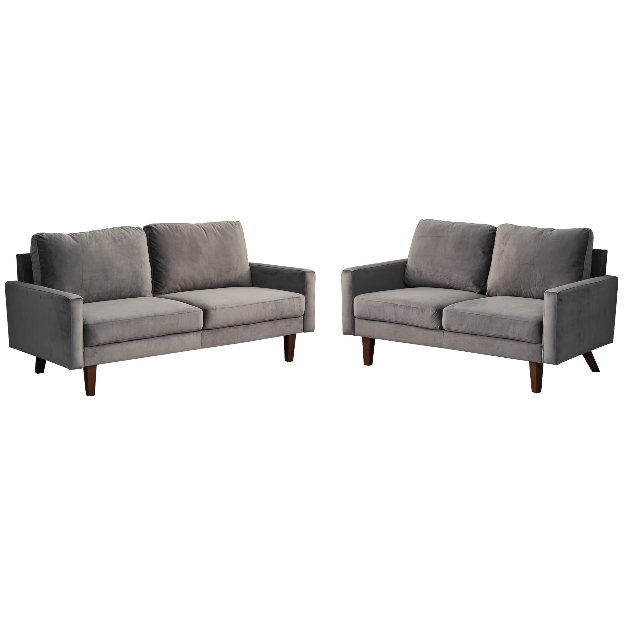 Mid-Century Modern Velvet Sofa Set with Tufted Cushions & Wooden Legs - Grey Living Room Furniture for Home Decor, Lounge & Entertainment Spaces
