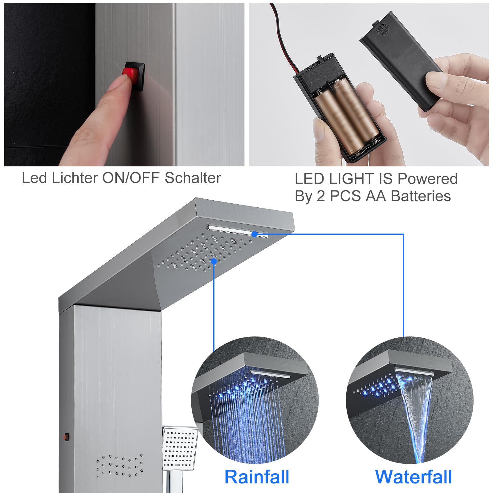 5-in-1 Stainless Steel Shower Panel Tower System with LED Lights - Rainfall Shower Head, Waterfall, Body Spray, Handheld Shower & Tub Spout (Brushed Nickel) | Perfect for Modern Bathroom Renovation & Spa-Like Shower Experience