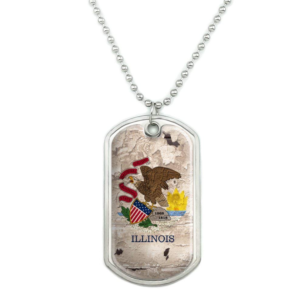 Vintage Rustic Illinois State Flag Distressed Military Dog Tag Pendant Necklace with 18