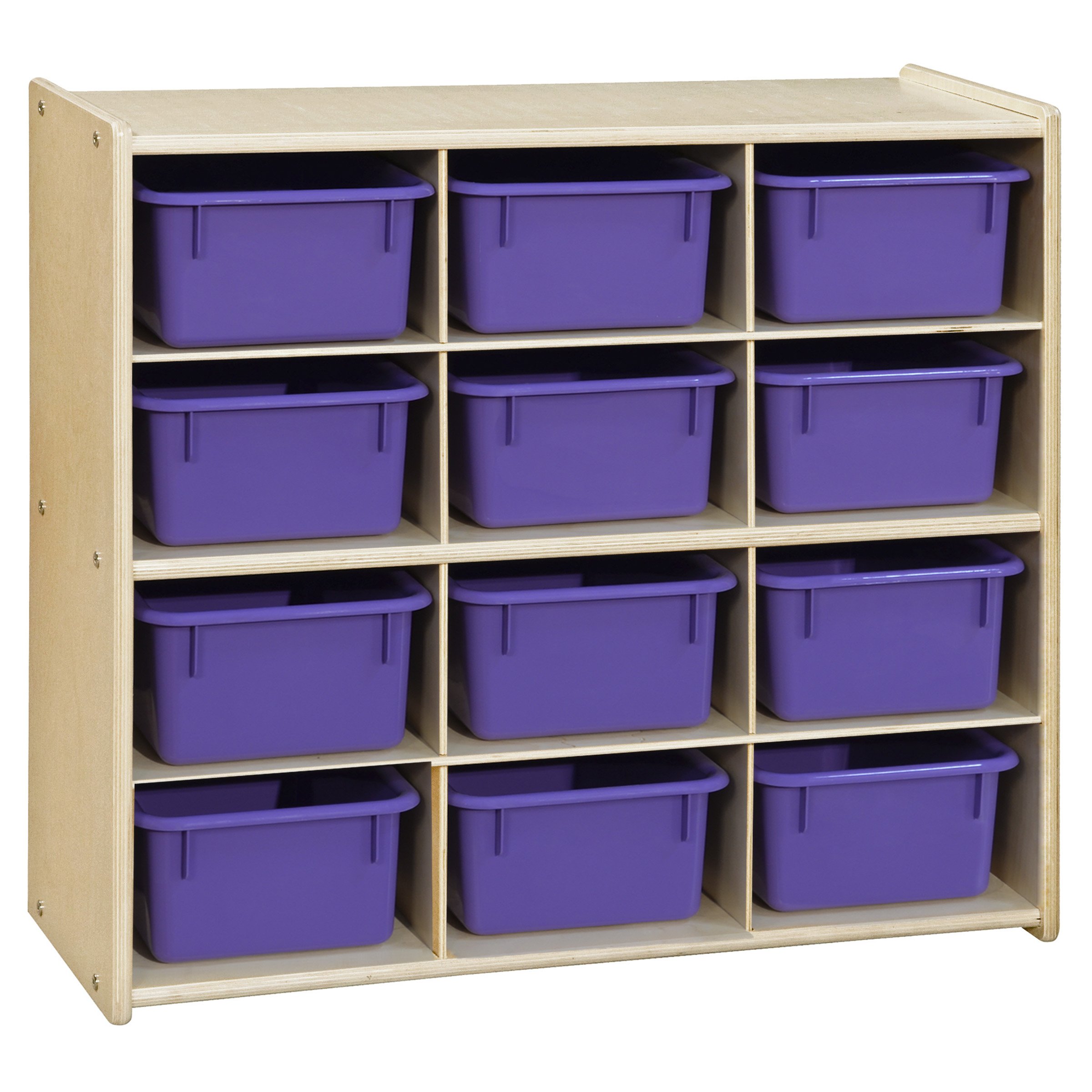 Contender 100% Birch Wood 12-Cubby Storage Cabinet with Purple Plastic Bins - Montessori Kids Organizer for Homeschool, Classroom & Kindergarten - Toy Storage, Book Organizer, Learning Supplies Shelf