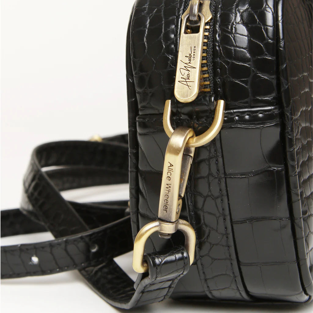 Alice Wheeler Mini Crossbody Bag - Black Crocodile Embossed Leather Purse for Women | Fashionable Everyday Shoulder Bag for Work, Travel & Date Night