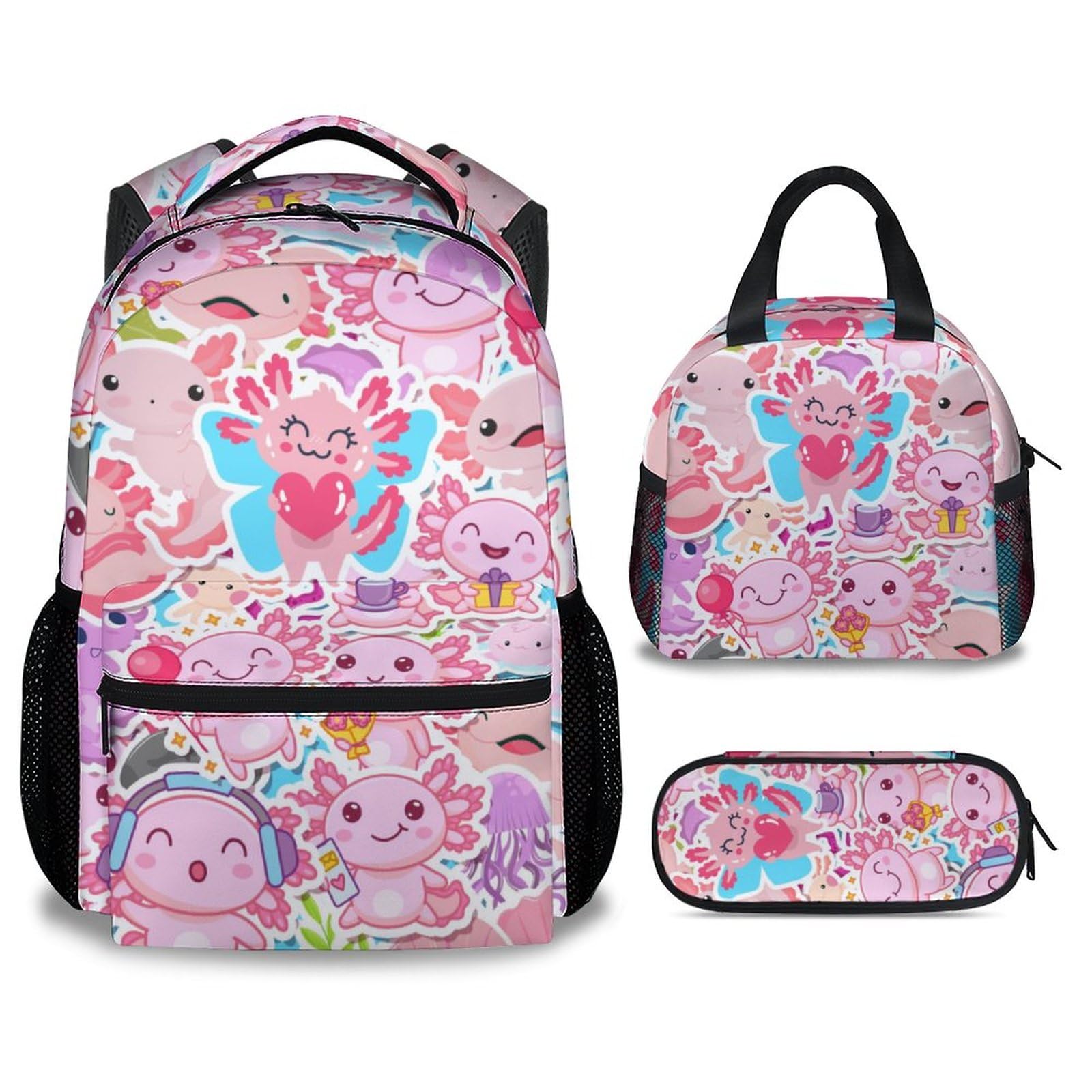Cute Pink Axolotl Backpack Set for Girls - Matching Lunch Box & Pencil Case Combo, Durable School Bookbag with Cartoon Design | Perfect for Elementary School, Daycare & Travel Accessories