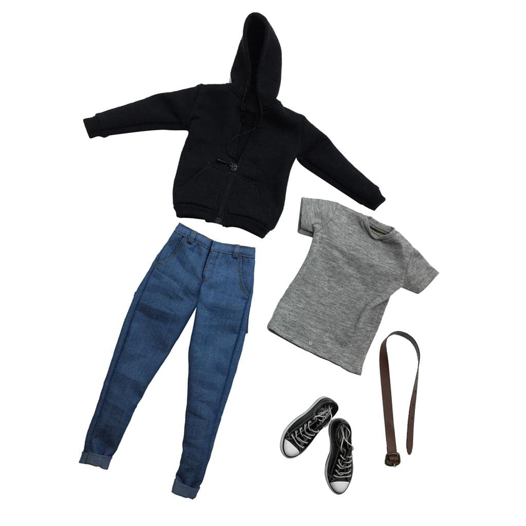 Newmind 1:6 Scale Men's Fashion Outfit Set - Black Hoodie, T-Shirt, Jeans, Belt & Shoes for Action Figures | Perfect for Collectors, Doll Display and Photography Scenes