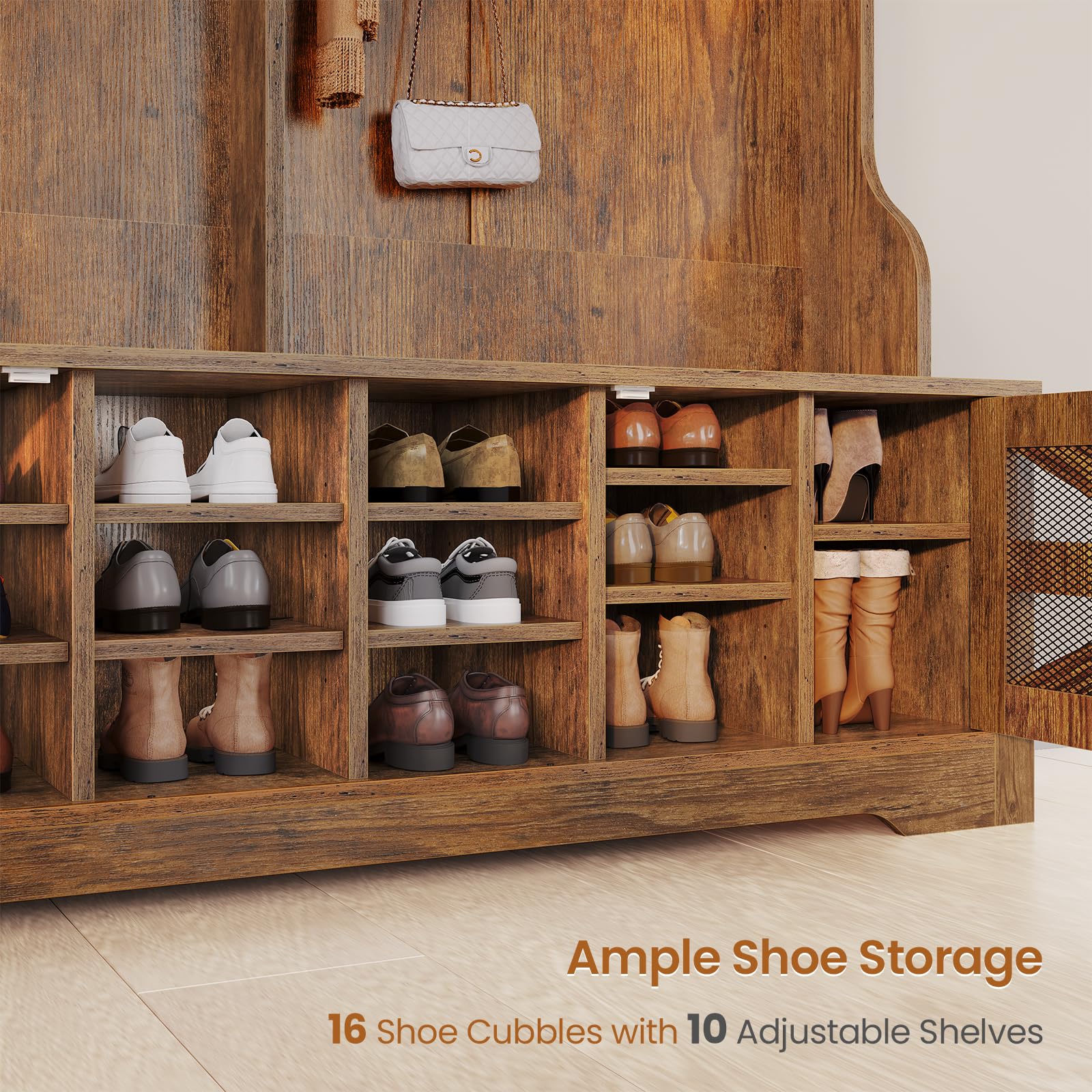 Itaar 5-in-1 Hall Tree with Bench, Shoe Storage & Coat Rack - 16 Shoe Cubbies, 12 Coat Hooks, Barn Door & Adjustable Shelf - Rustic Brown Entryway Organizer for Mudroom, Foyer or Home Decor