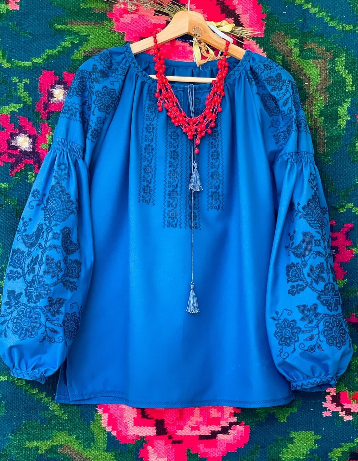 Women's Floral Embroidery Blouse - 100% Cotton Ukrainian Vyshyvanka Shirt - Summer Boho Tunic Top (Size L) | Perfect for Festivals, Vacations & Casual Wear